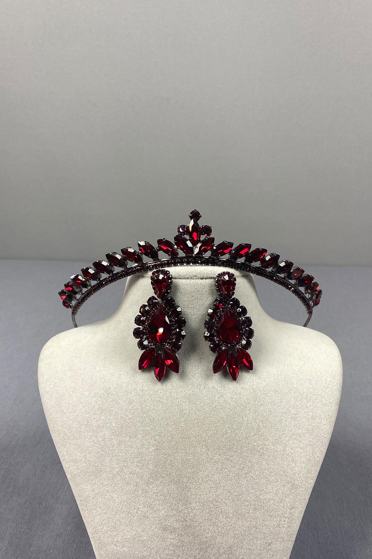 Burgundy Ece Bridal Henna Crown and Drop Shuttle Stone Earring Set