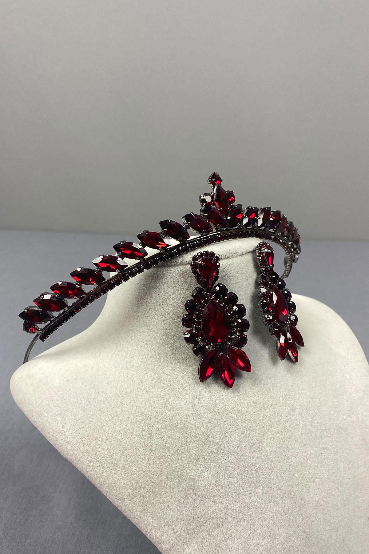 Burgundy Ece Bridal Henna Crown and Drop Shuttle Stone Earring Set