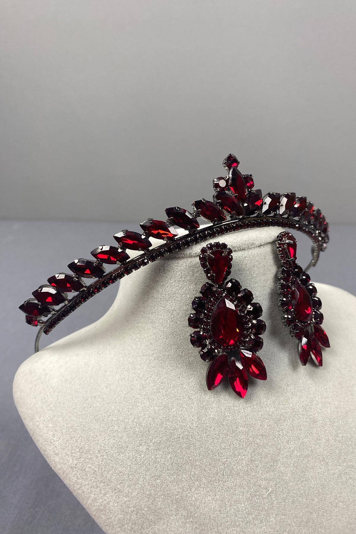 Burgundy Ece Bridal Henna Crown and Drop Shuttle Stone Earring Set