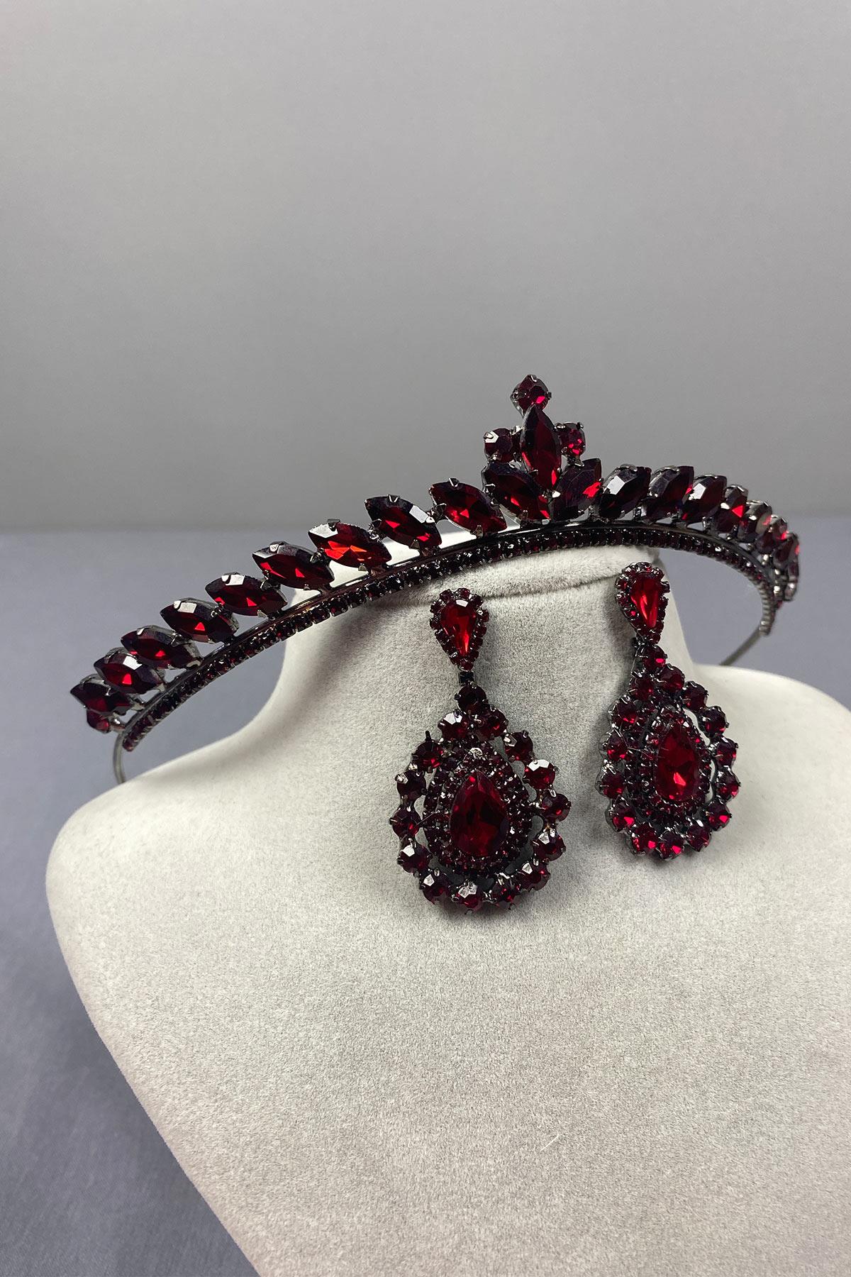 Burgundy Ece Bridal Henna Crown and Drop Stone Earring Set