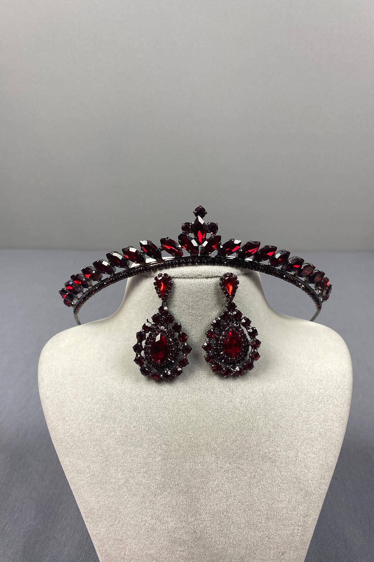 Burgundy Ece Bridal Henna Crown and Drop Stone Earring Set
