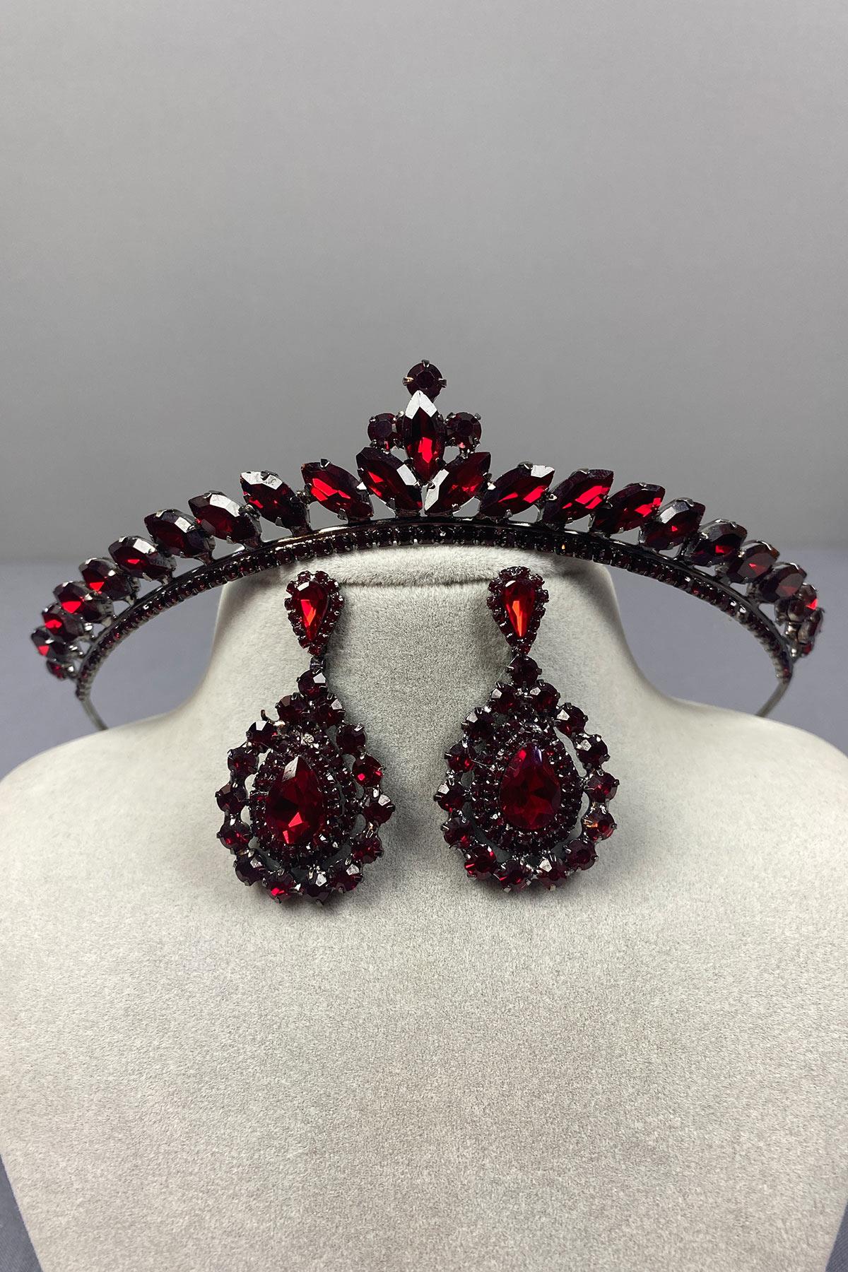Burgundy Ece Bridal Henna Crown and Drop Stone Earring Set