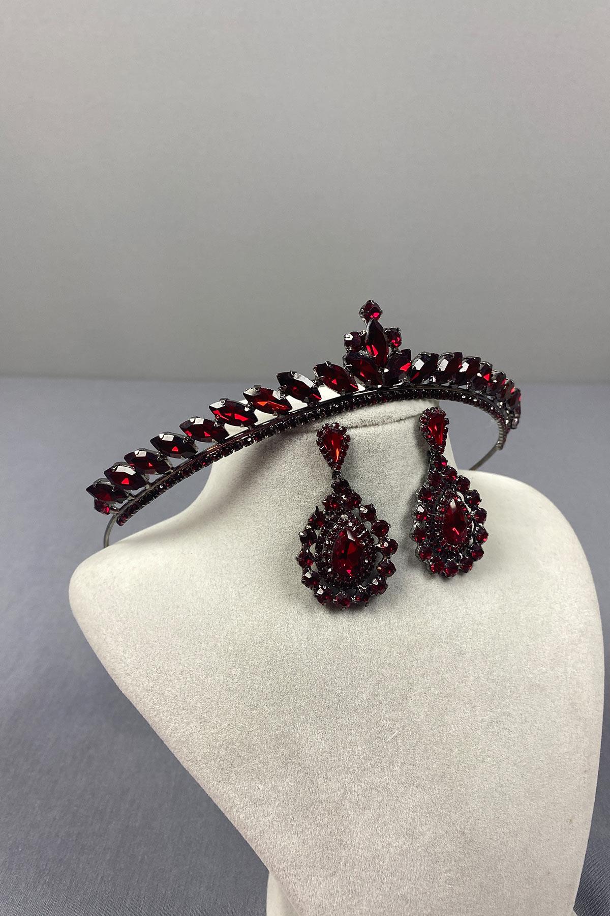 Burgundy Ece Bridal Henna Crown and Drop Stone Earring Set