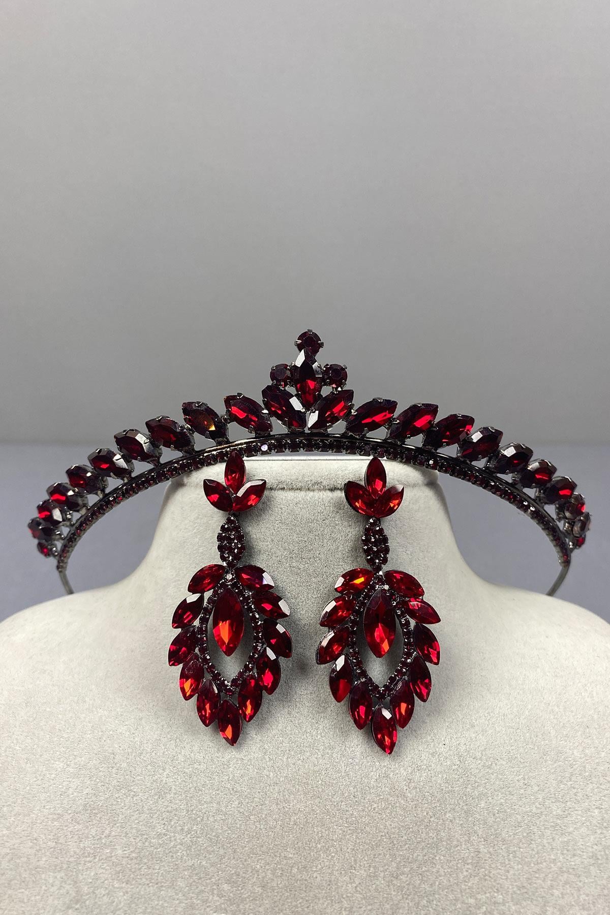 Burgundy Ece Bridal Henna Crown and Shuttle Stone Earrings