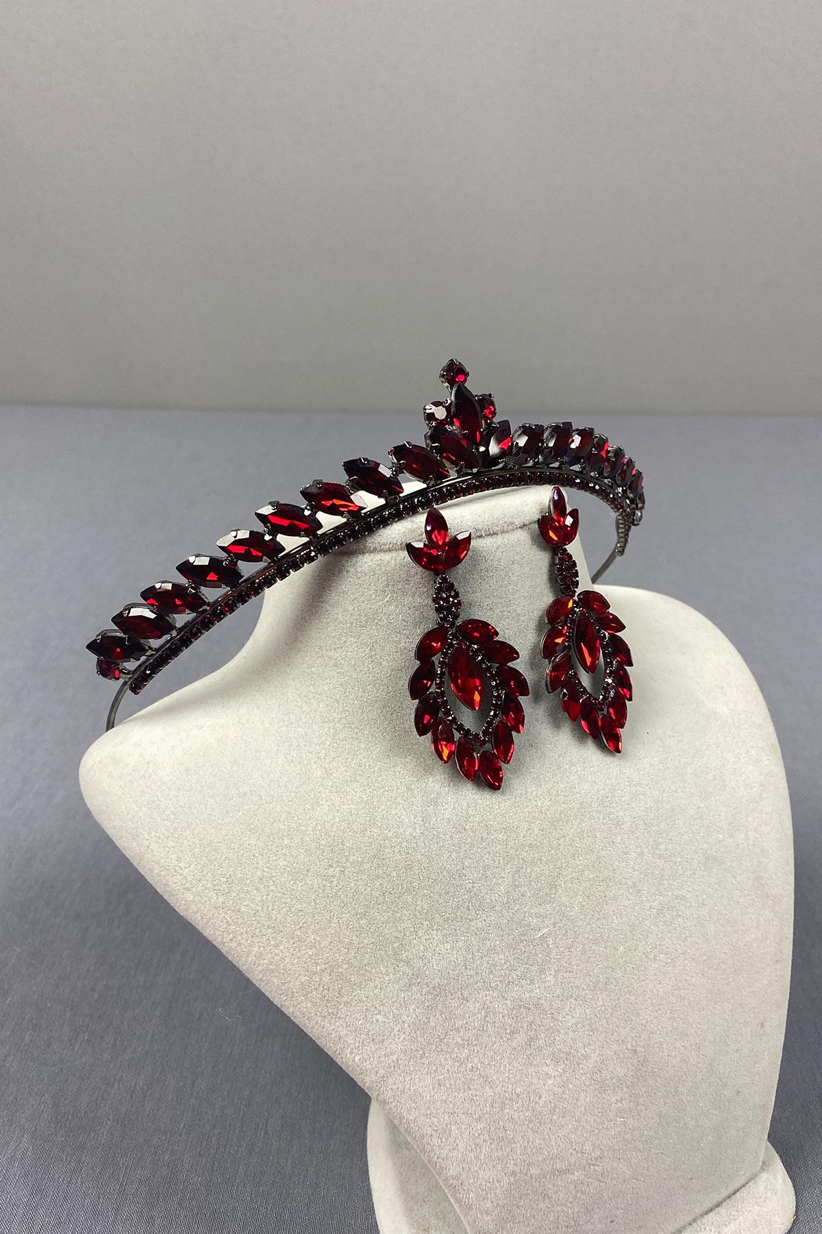 Burgundy Ece Bridal Henna Crown and Shuttle Stone Earrings