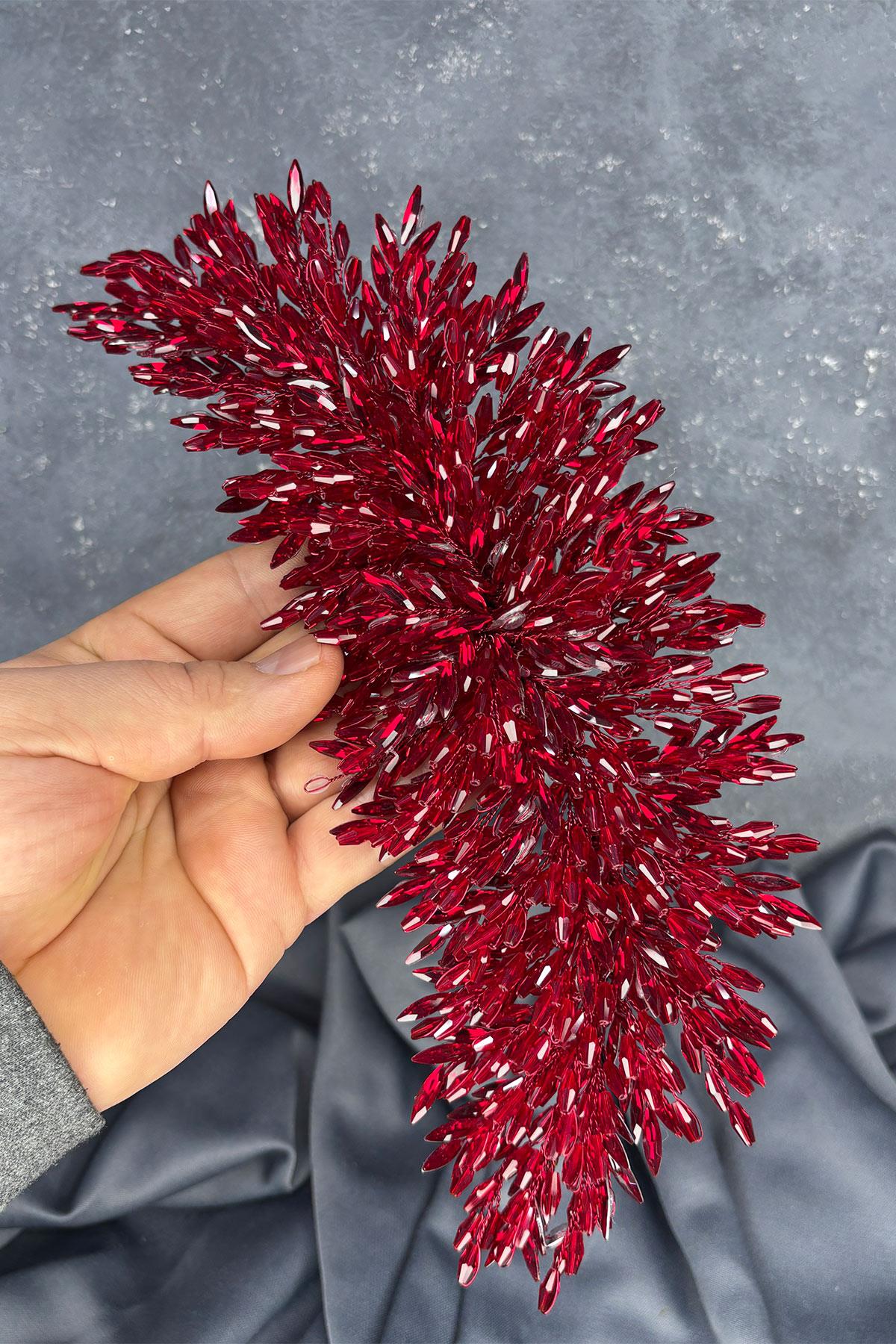 Bordo Eva Yoğun Boncuk İşlemeli Gelin Kına Tacı