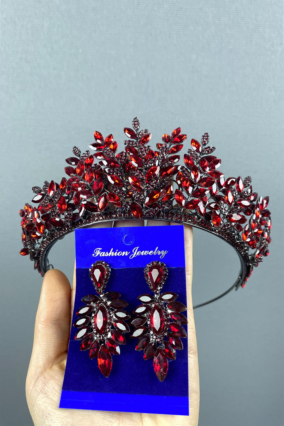 Burgundy Ezel 3D Bridal Henna Crown And Stud Earring Set