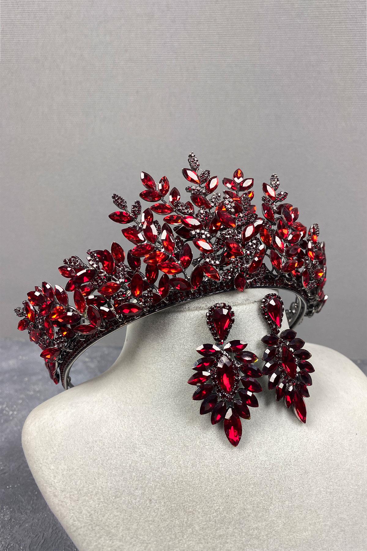 Burgundy Ezel 3D Bridal Henna Crown And Stud Earring Set