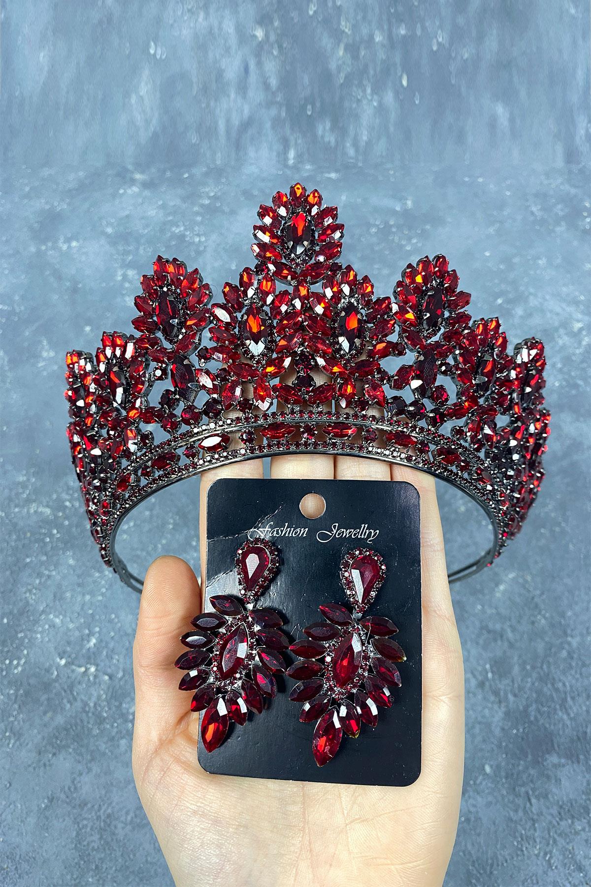 Claret Red Godiva High Bridal Henna Tiara and Shuttle Stone Evening Dress Earring Set
