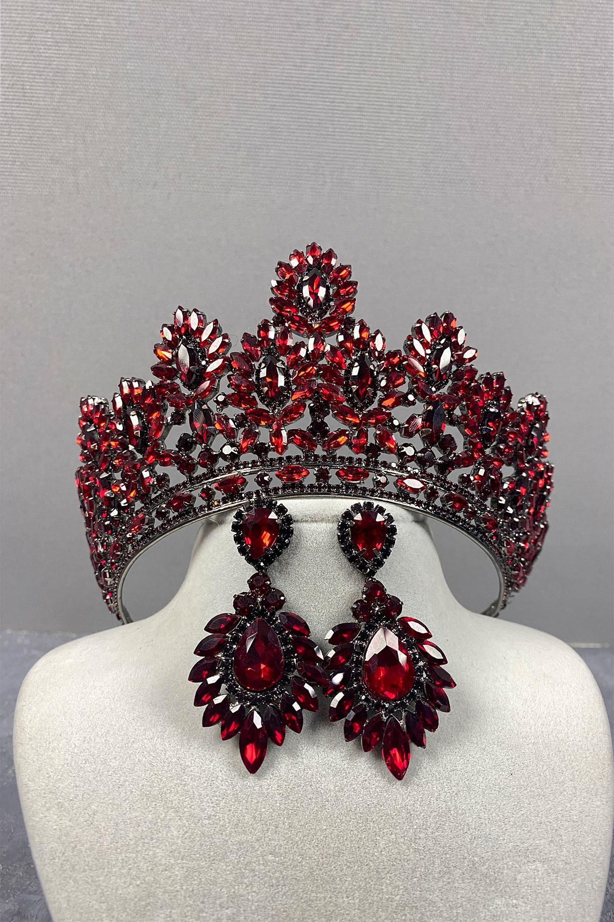 Claret Red Godiva High Bridal Henna Crown And Shuttle Evening Dress Earrings