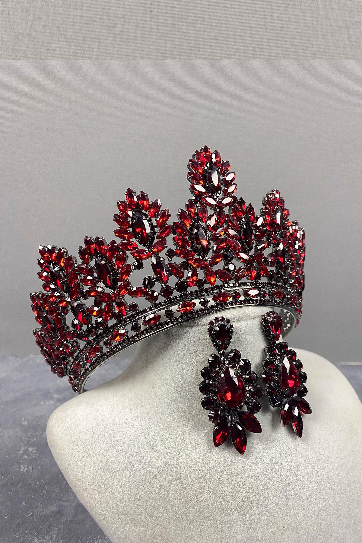 Claret Red Godiva High Bridal Henna Crown And Stud Earrings