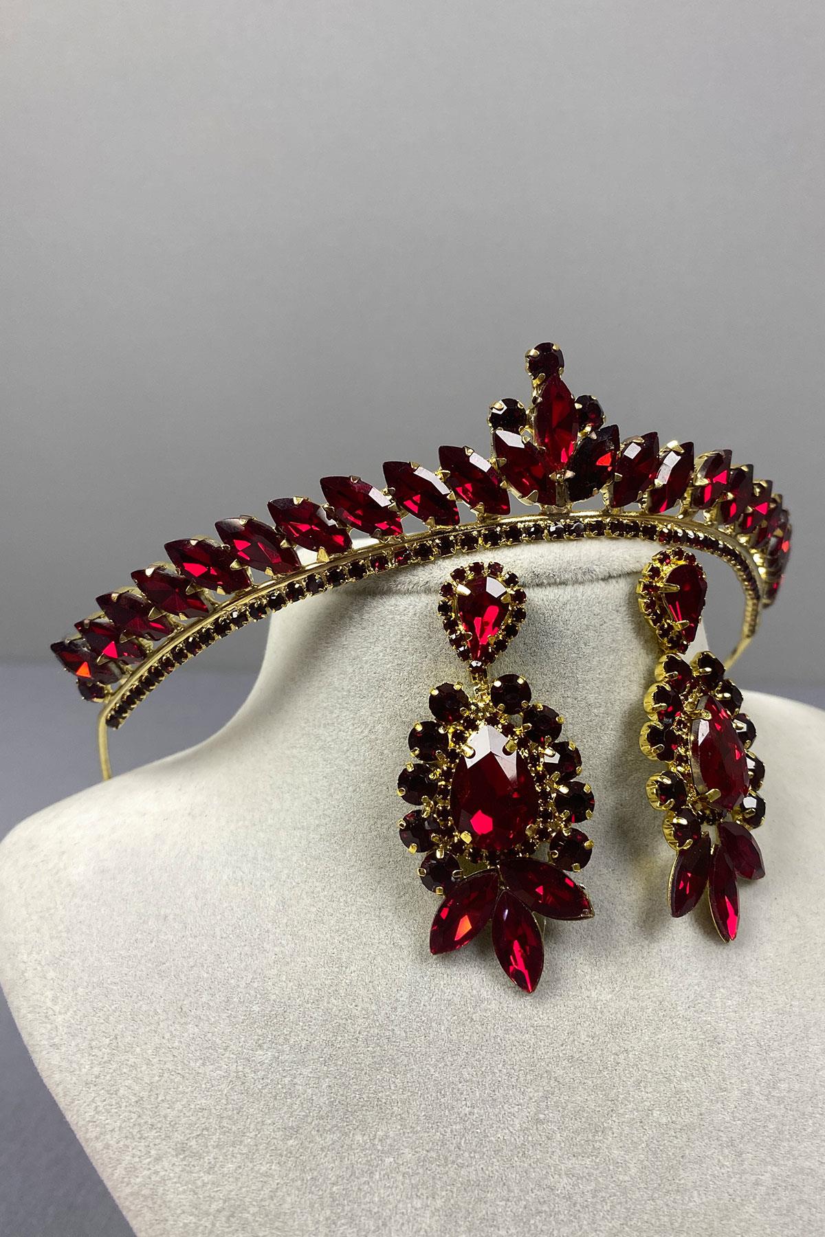 Burgundy Gold Ece Bridal Henna Crown and Drop Stone Earring Set