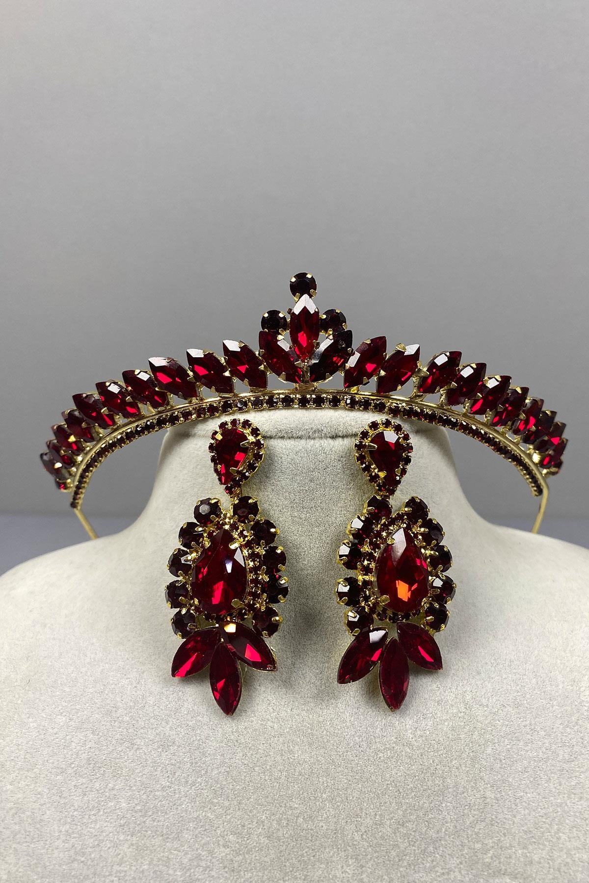 Burgundy Gold Ece Bridal Henna Crown and Drop Stone Earring Set