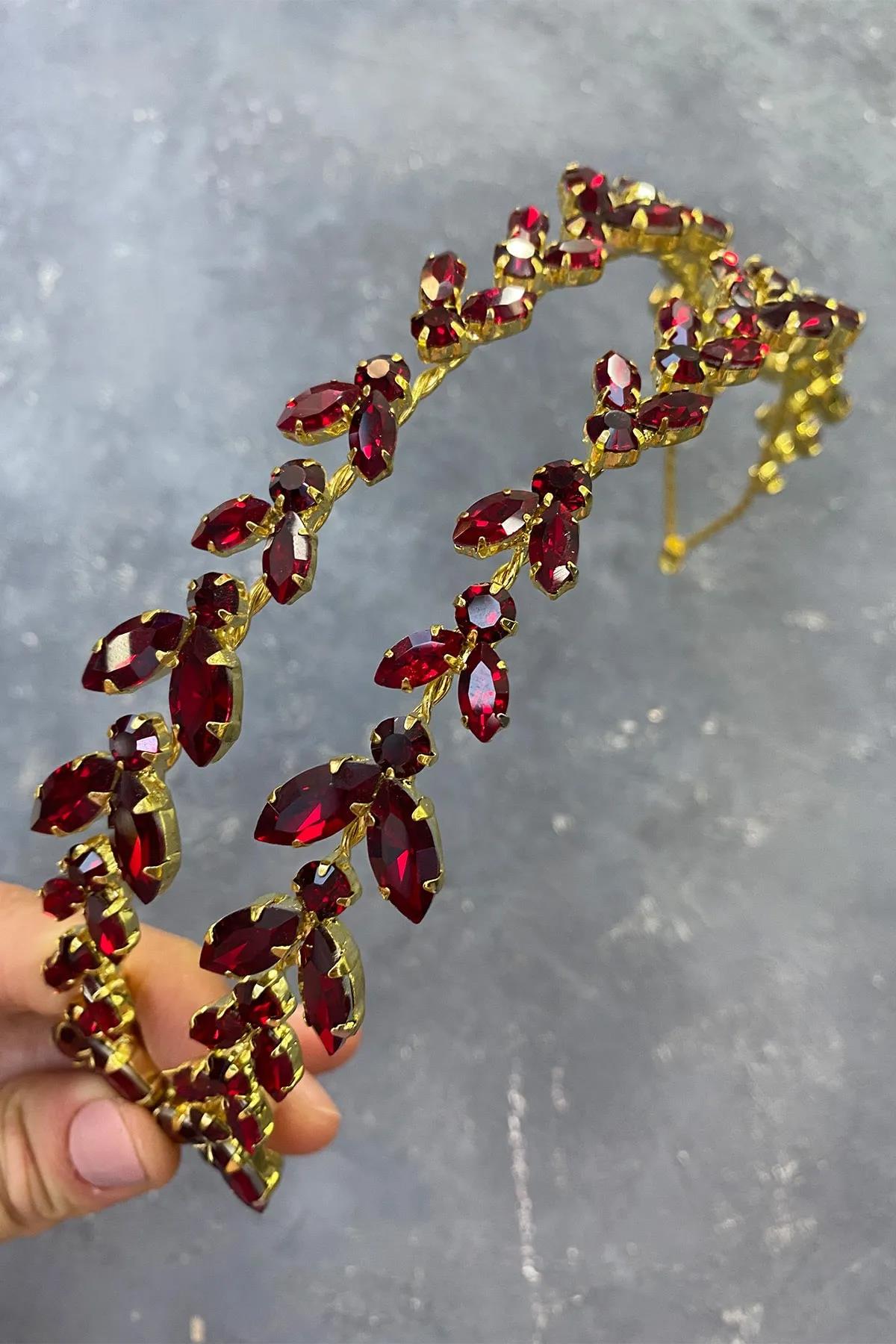 Bordo Gold Zemin Alfa Mekik Cam Kristal Taşlı Gelin Kına Tacı