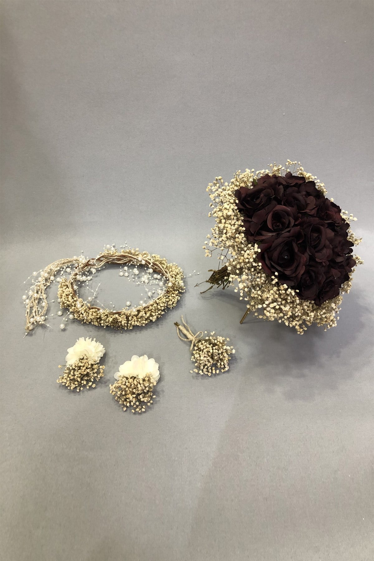 Claret Red Rose Cipso Bridal Bouquet Set