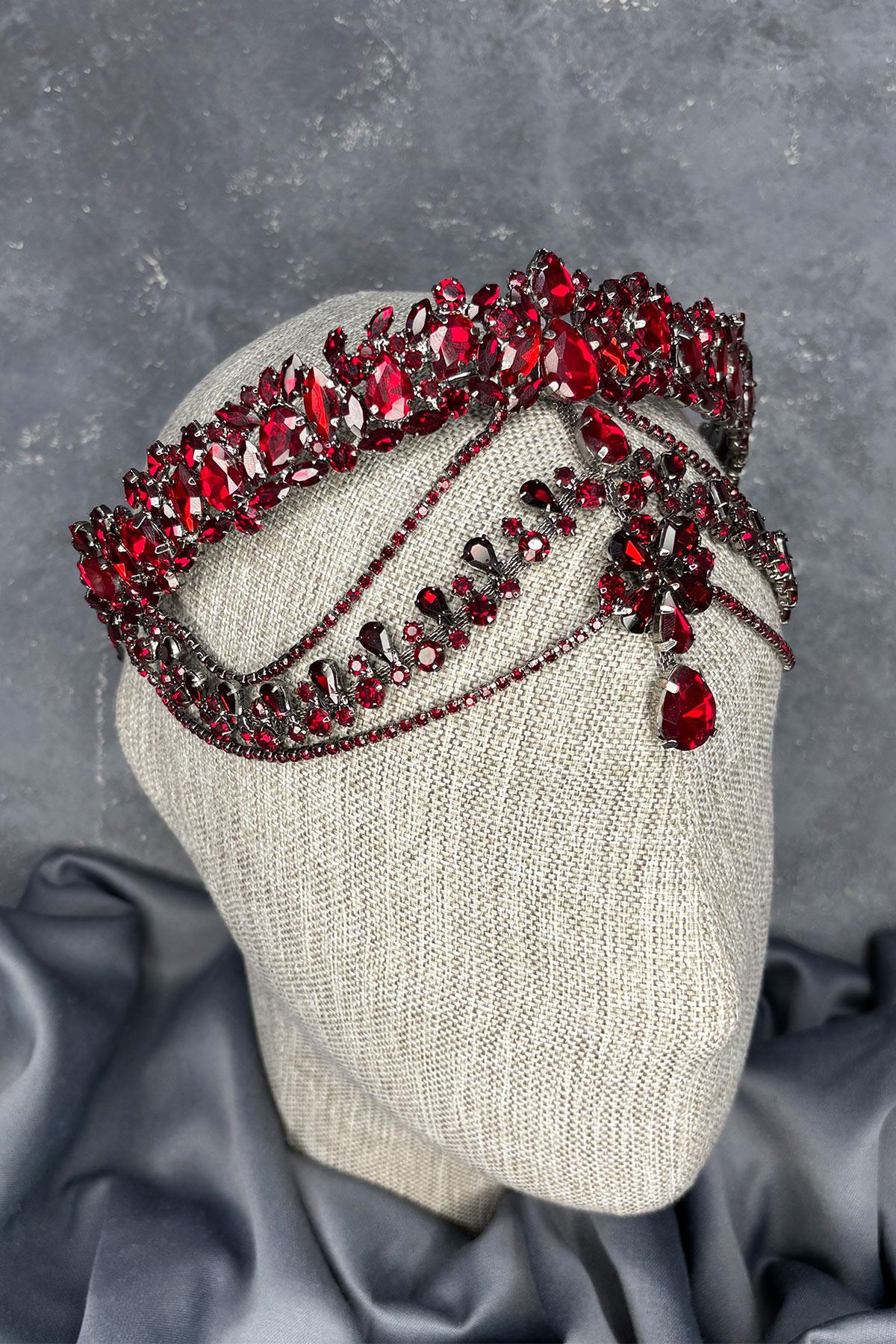 Bordo Hera Alınlık Sallantılı Gelin Kına Tacı Saç Aksesuarı