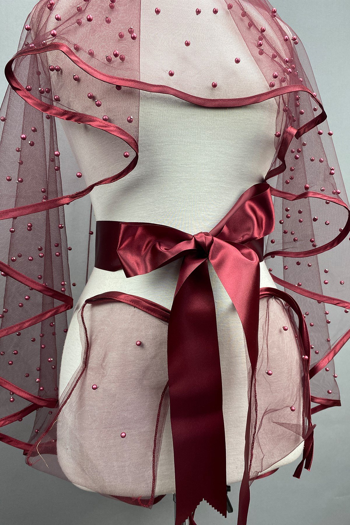 Bordo İncili Biyeli Gelin Duvağı Kına Yüz Örtüsü