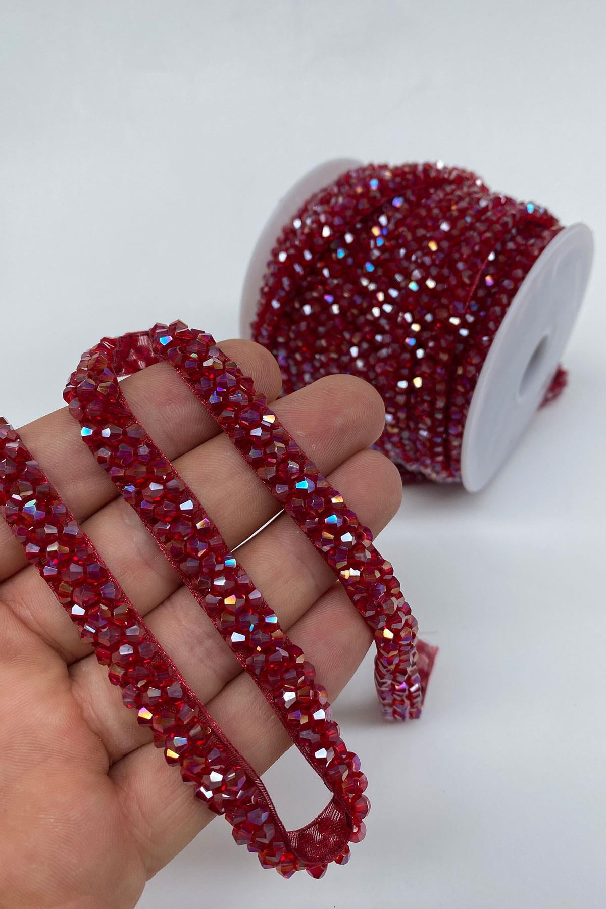 Bordo Janjanlı Kristal Boncuk İşlemeli Şerit