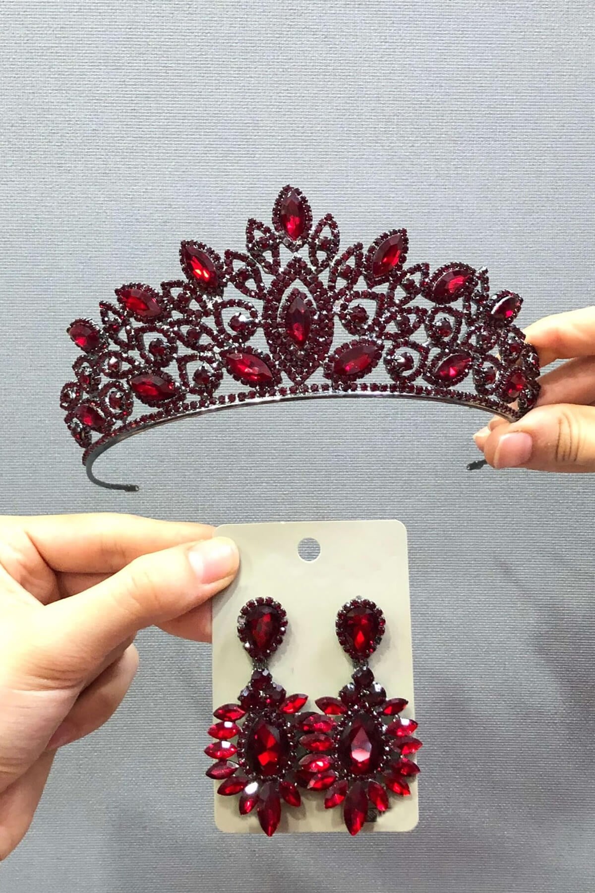 Claret Red Henna Bridal Crown and Earring Set