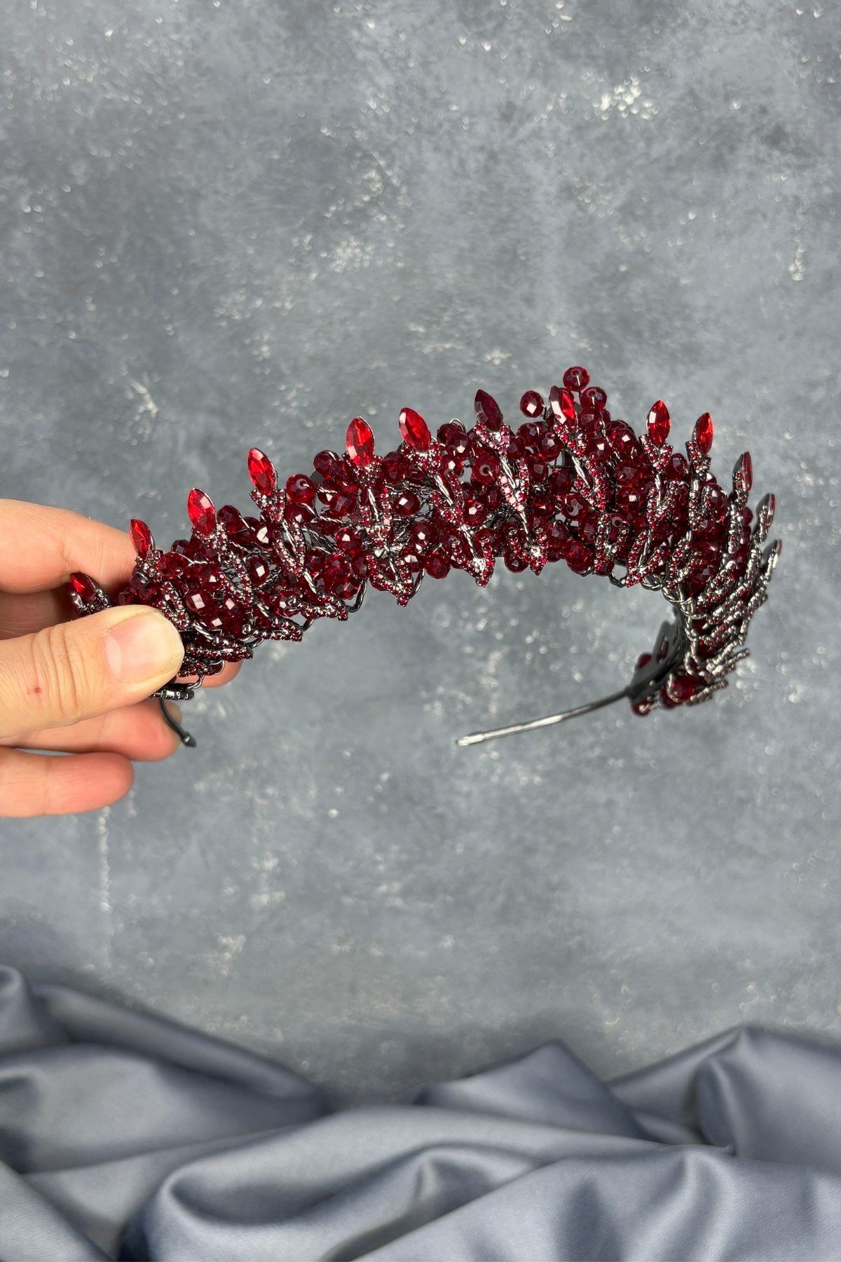 Burgundy Crystal Bead Embellished Buglem Bridal Tiara