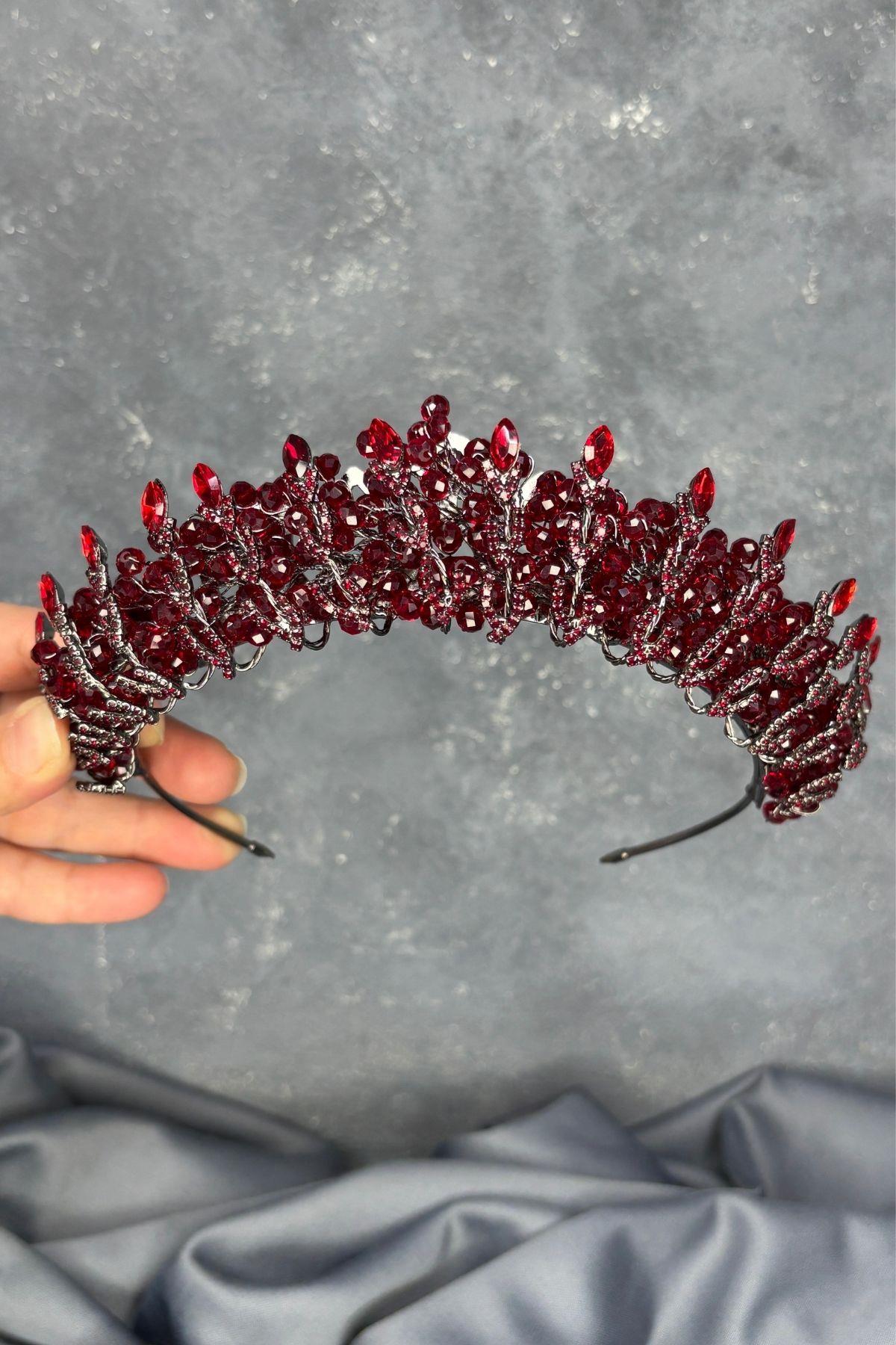 Burgundy Crystal Bead Embellished Buglem Bridal Tiara