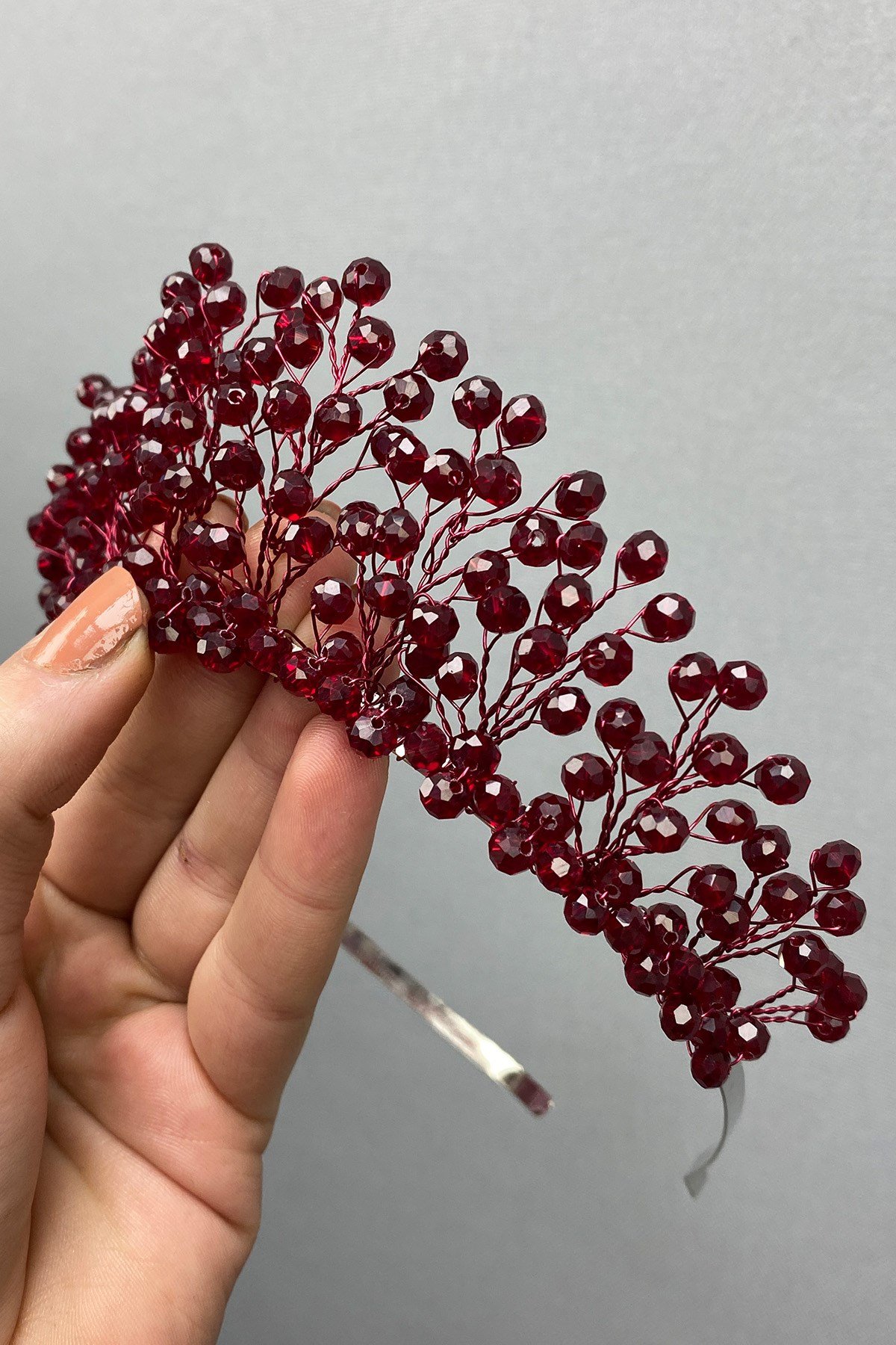 Bordo Kristal Boncuklu Aren Gelin ve Kına Tacı