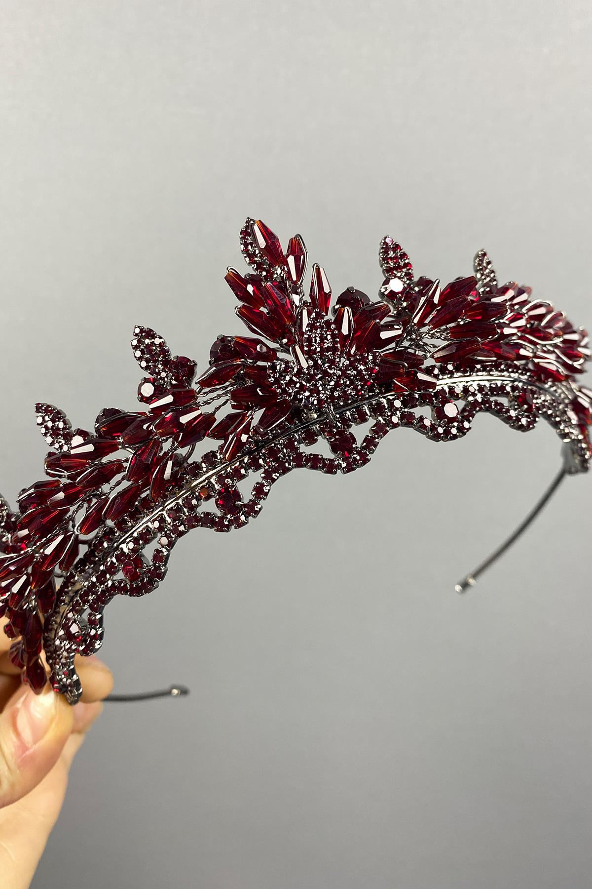 Maroon Lena Crystal Beaded Bridal Henna Crown