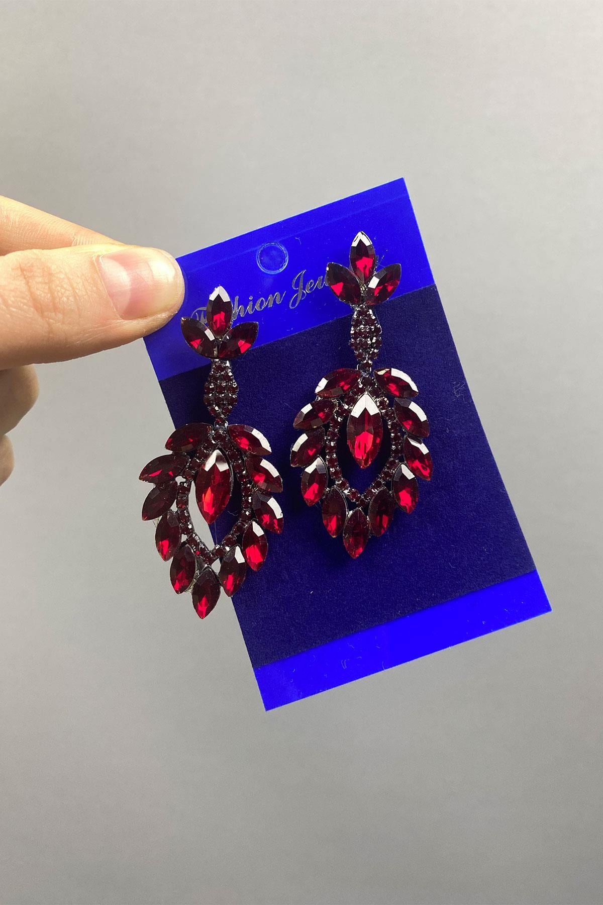 Burgundy Shuttle Duru Leaf Patterned Stone Evening Earrings