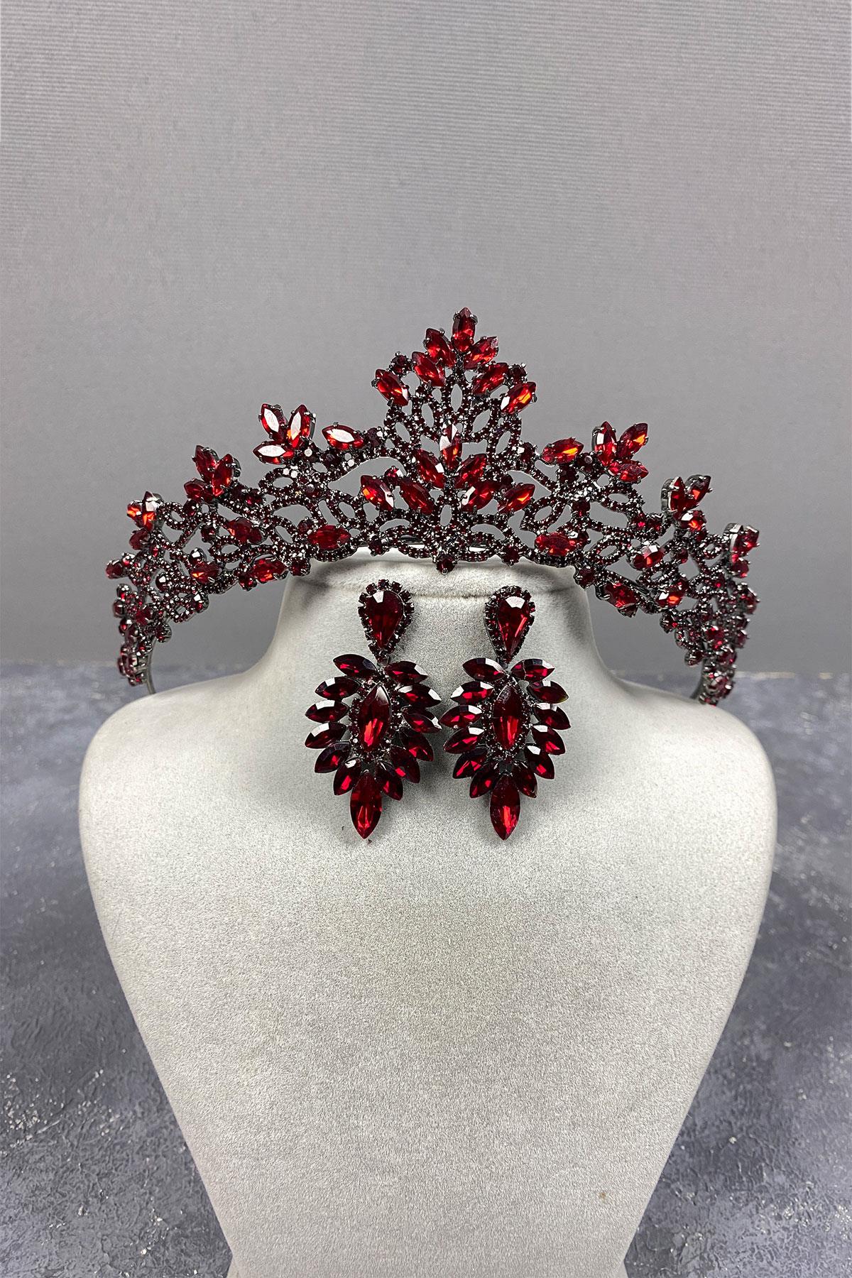 Claret Red Melis Bridal Henna Crown And Studded Stone Earrings