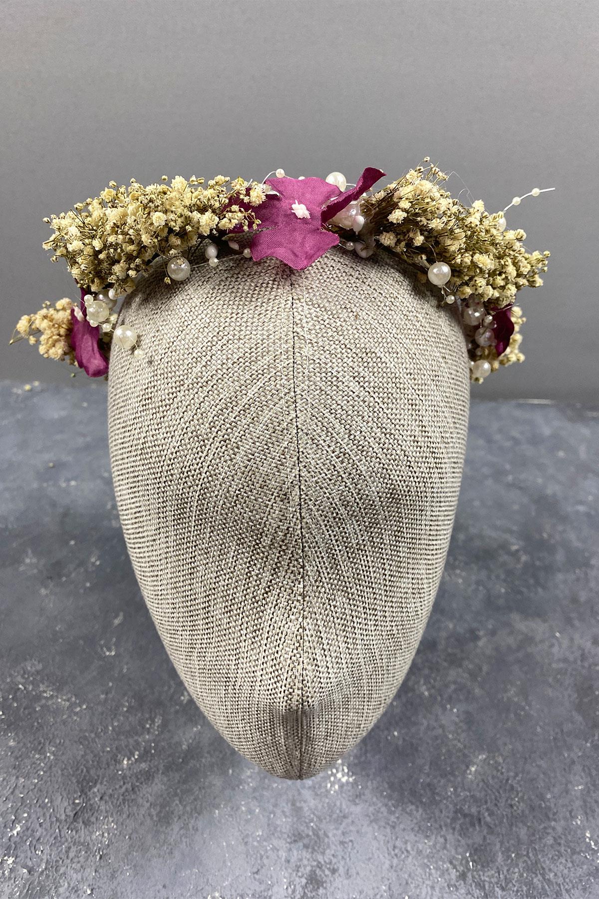 Claret Red Hydrangea And Shocked Chipso Dried Flower Pearl Bridal Crown