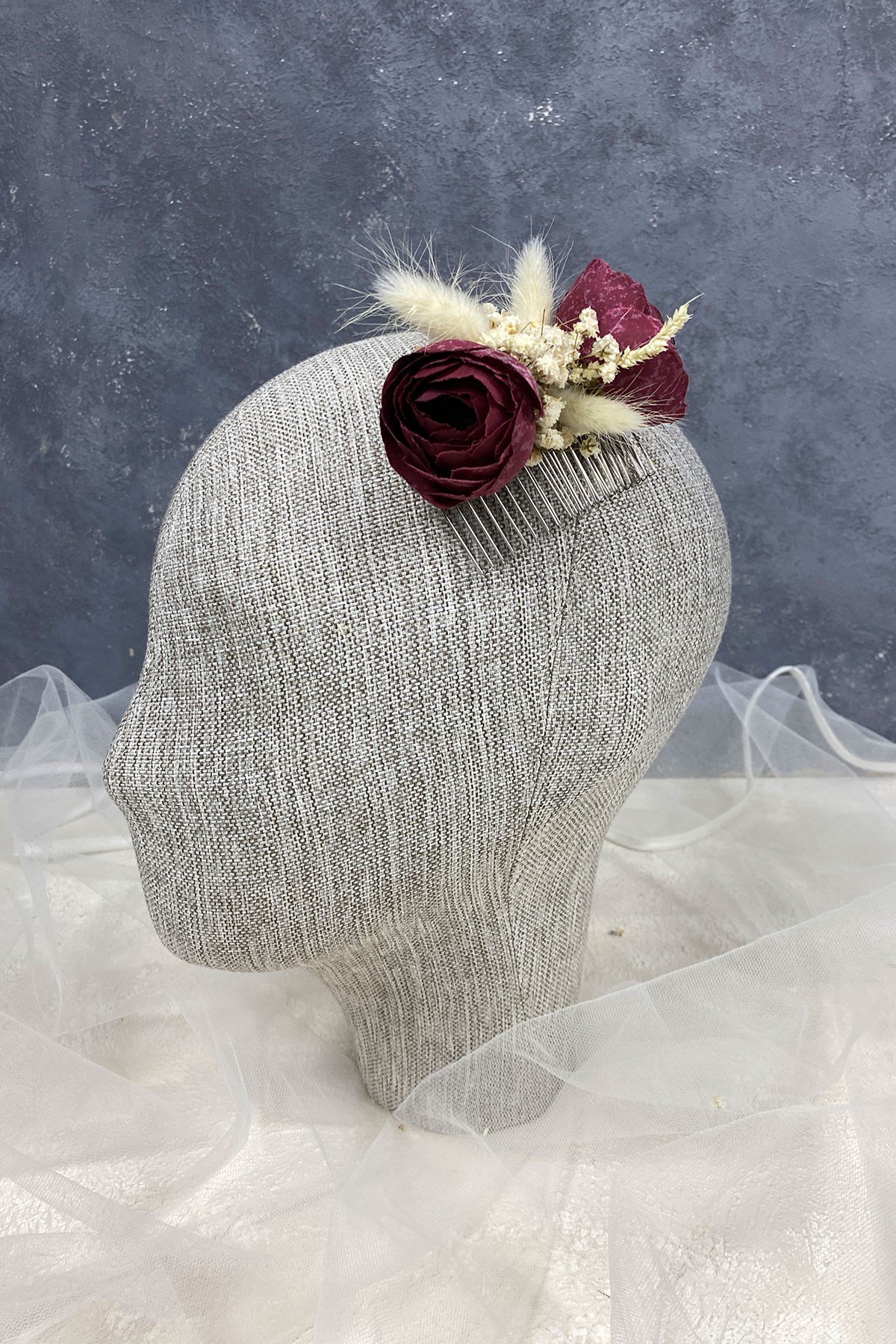 Bordo Pamuk Otlu Cipso ve Yapay Çiçek Taraklı Saç Tokası Aksesuar