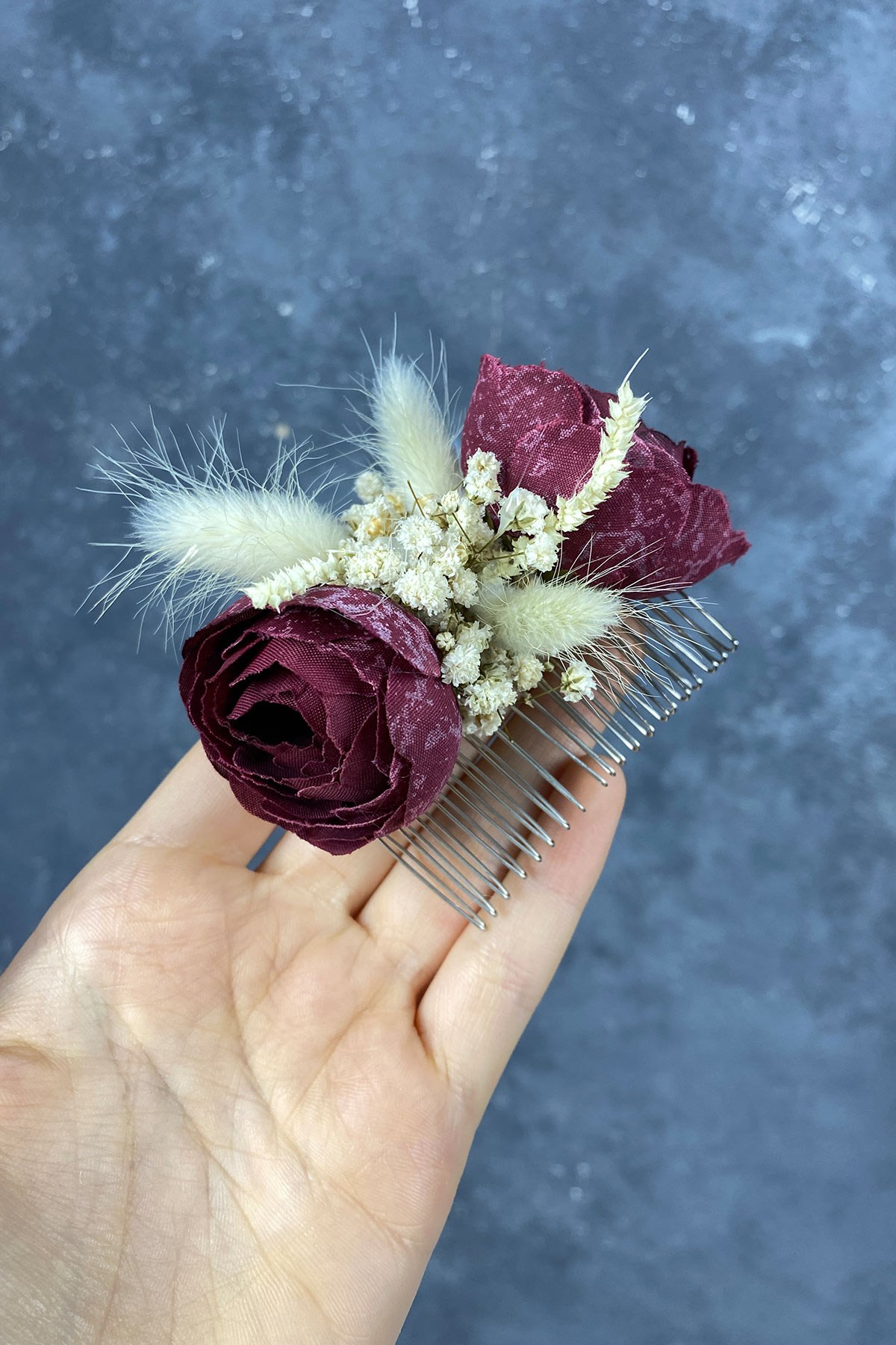 Bordo Pamuk Otlu Cipso ve Yapay Çiçek Taraklı Saç Tokası Aksesuar