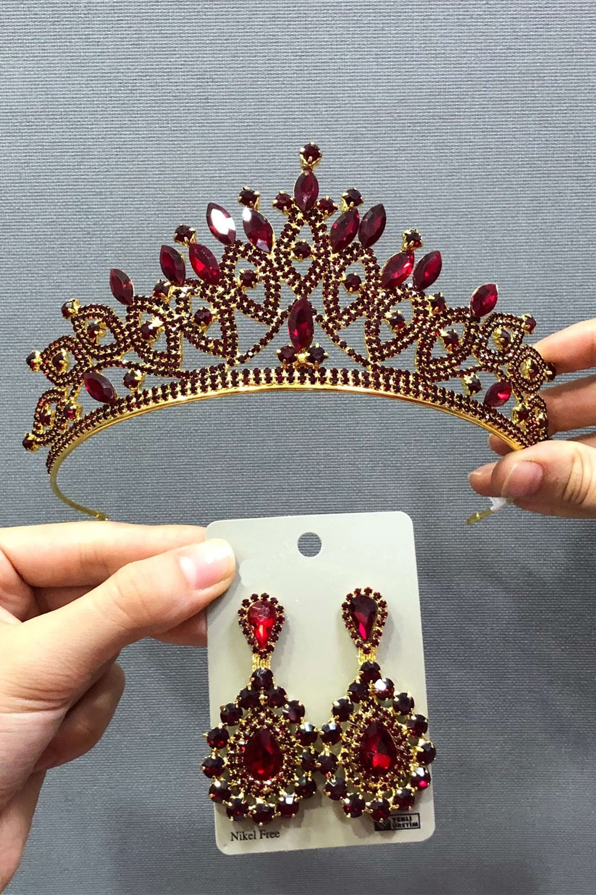 Claret Red Henna Crown and Earring Set