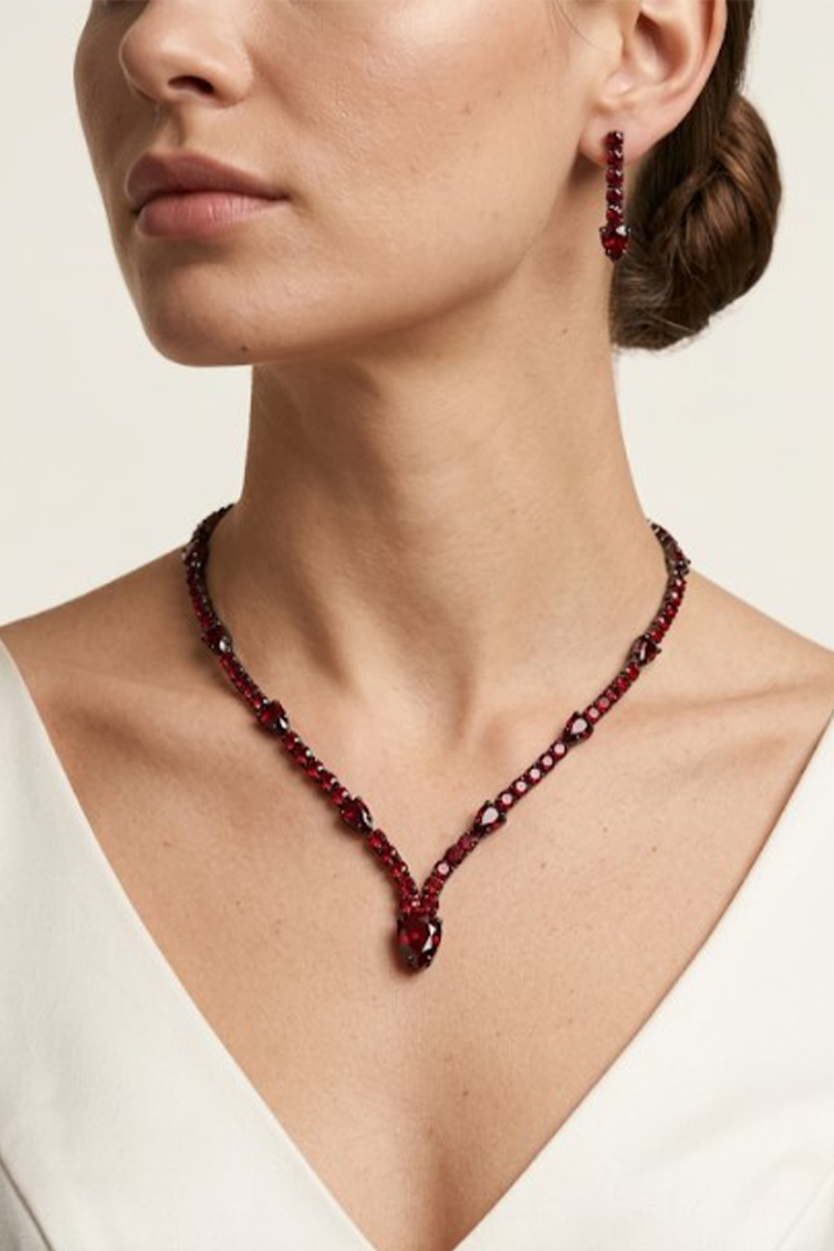 Bordo Renk Parlak Taşlı Kolye Küpe Set Damla Model Gelin Nişan Takı Seti