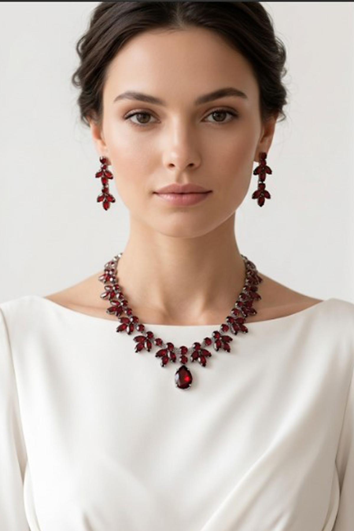 Bordo Renk Vintage Model Taşlı Kolye Küpe Bileklik Set Zarif Şık Abiye Düğün Takı