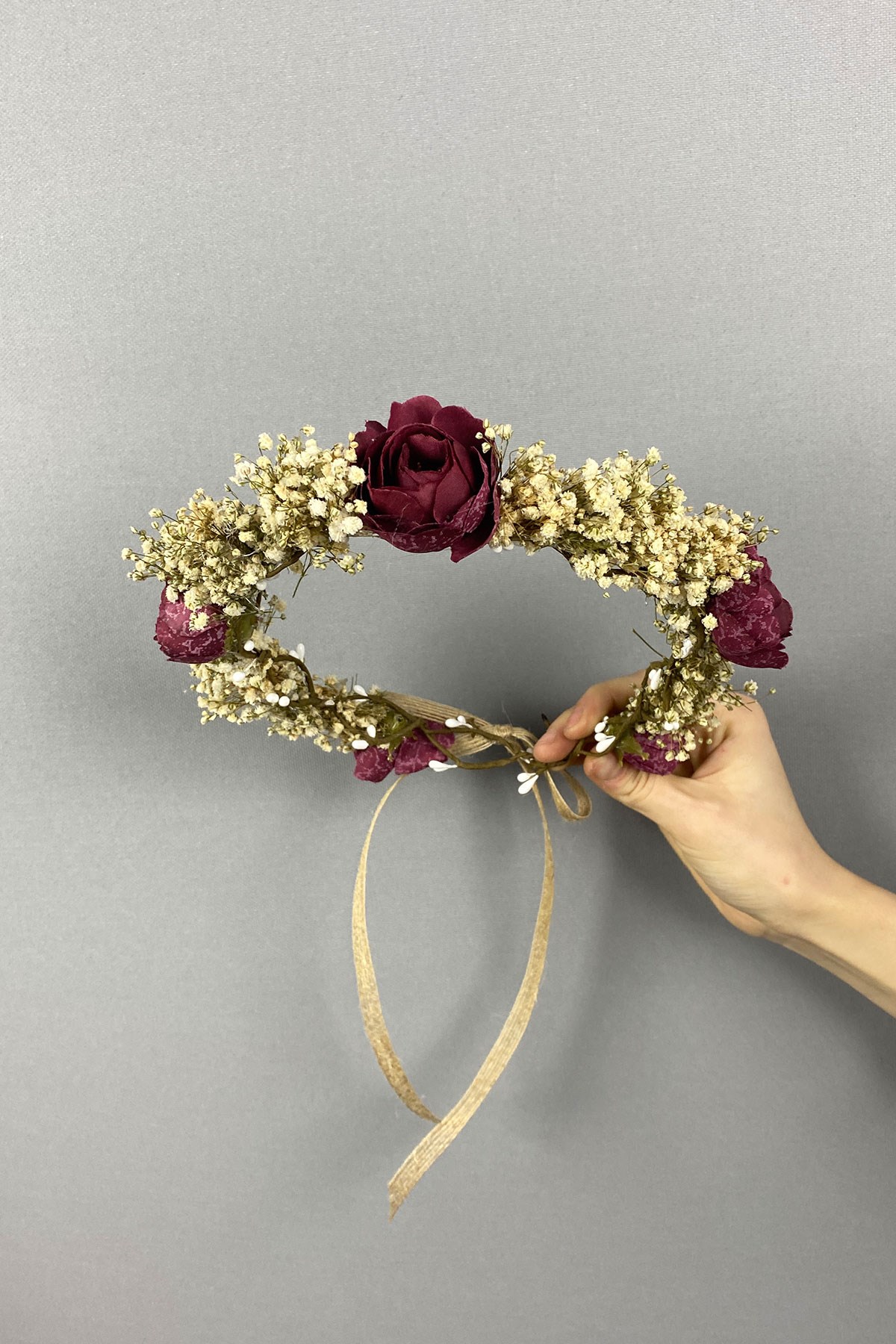 Burgundy Peony Flower Gypsole Bow Outer Shot Bridal Crown