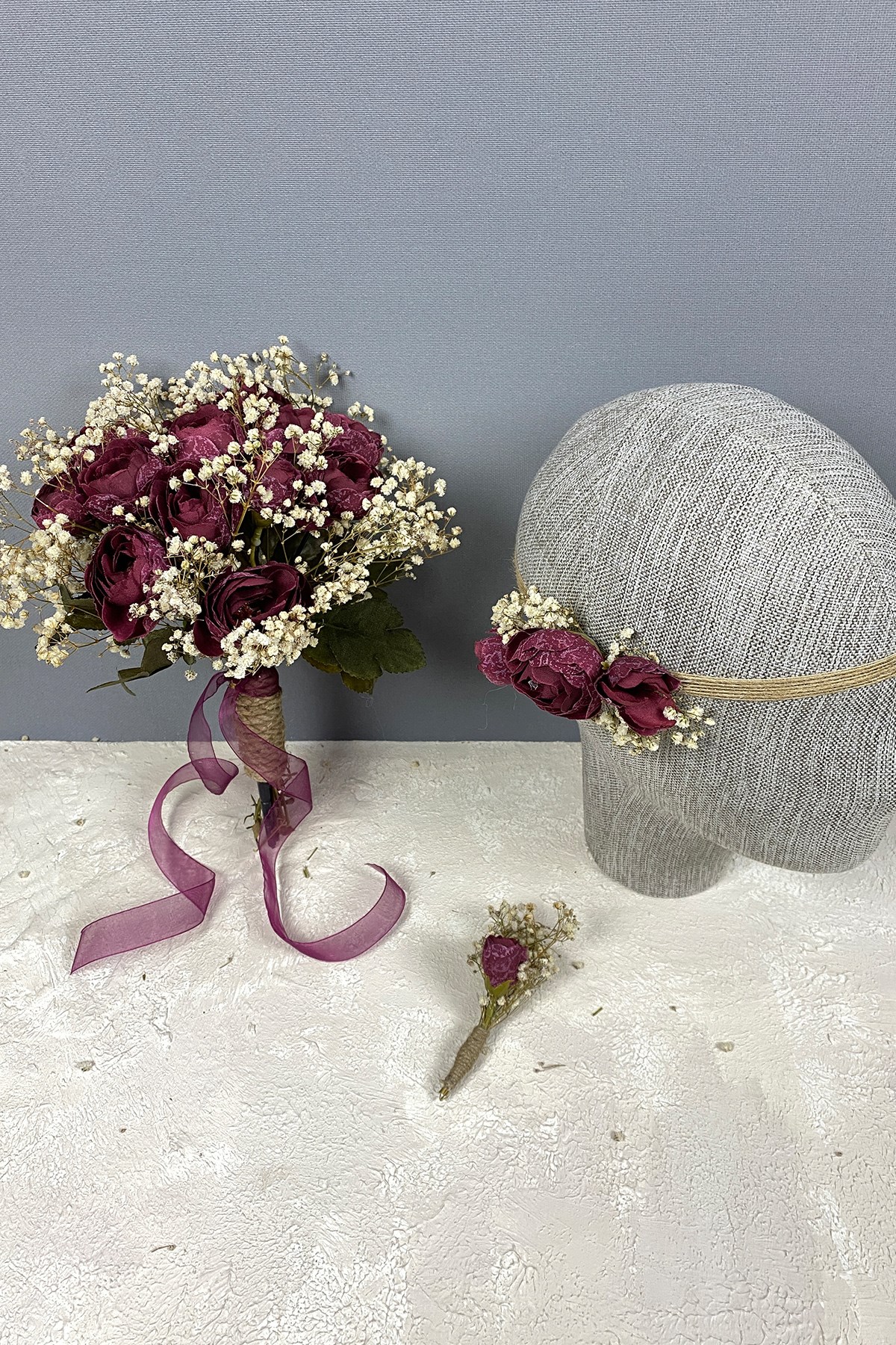 Claret Red Peony Flower Cipso Bridal Bouquet Crown and Boutonniere Set