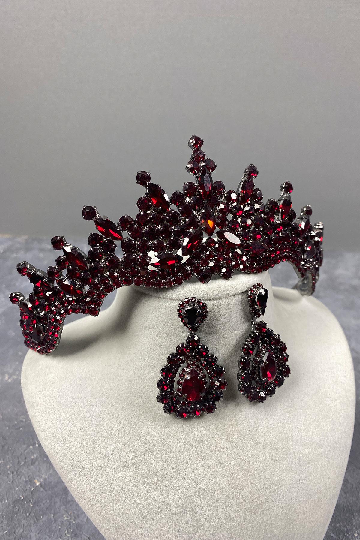 Burgundy Tokyo Stone Bridal Henna Tiara and Drop Earrings Set