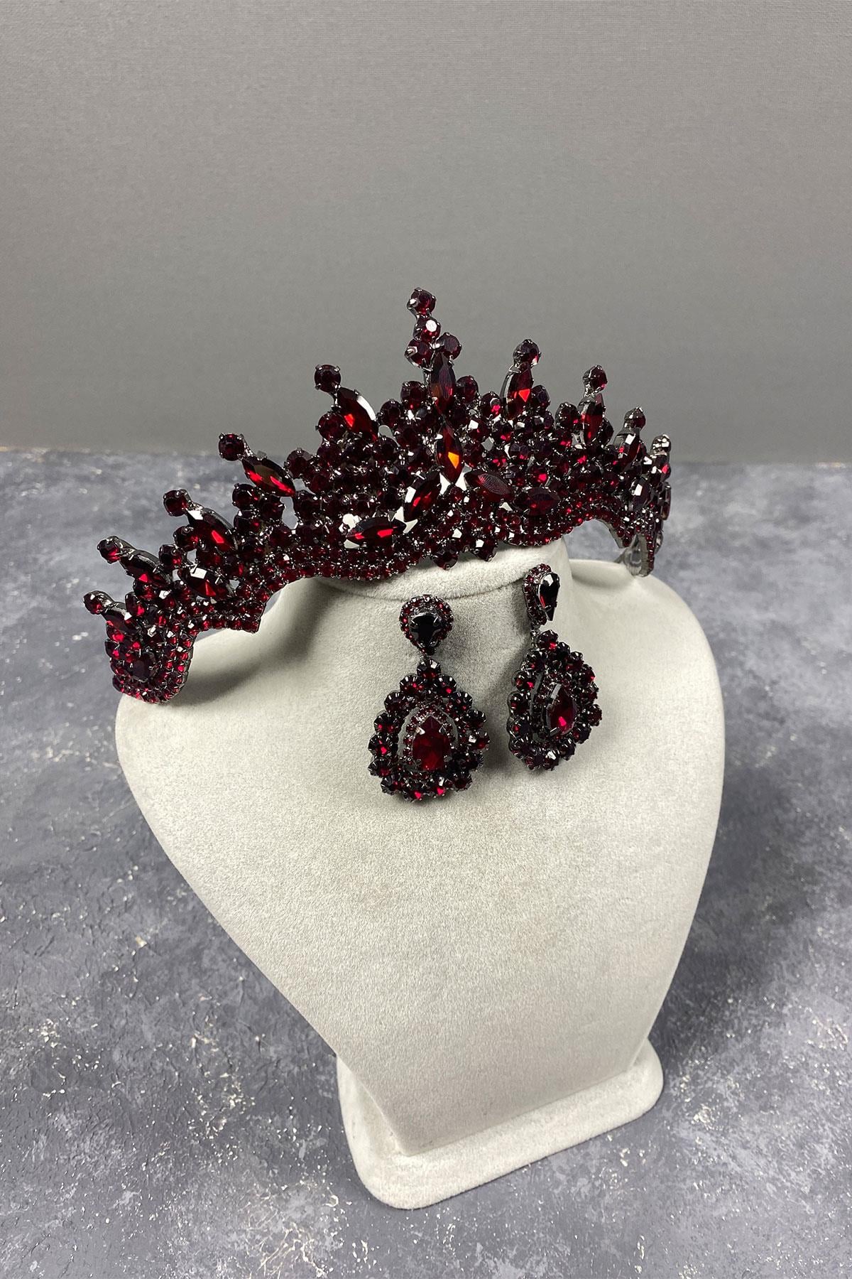 Burgundy Tokyo Stone Bridal Henna Tiara and Drop Earrings Set