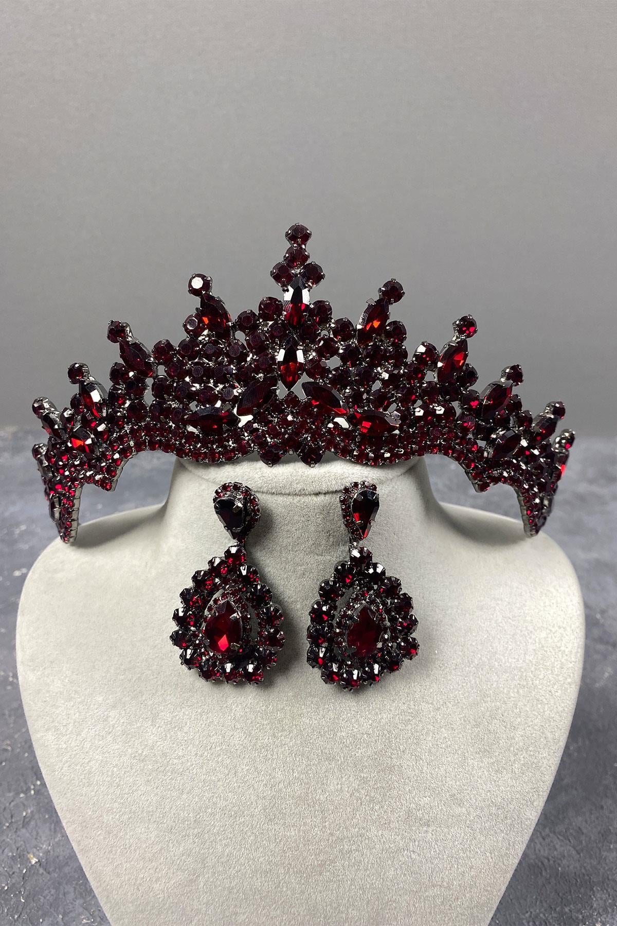 Burgundy Tokyo Stone Bridal Henna Tiara and Drop Earrings Set