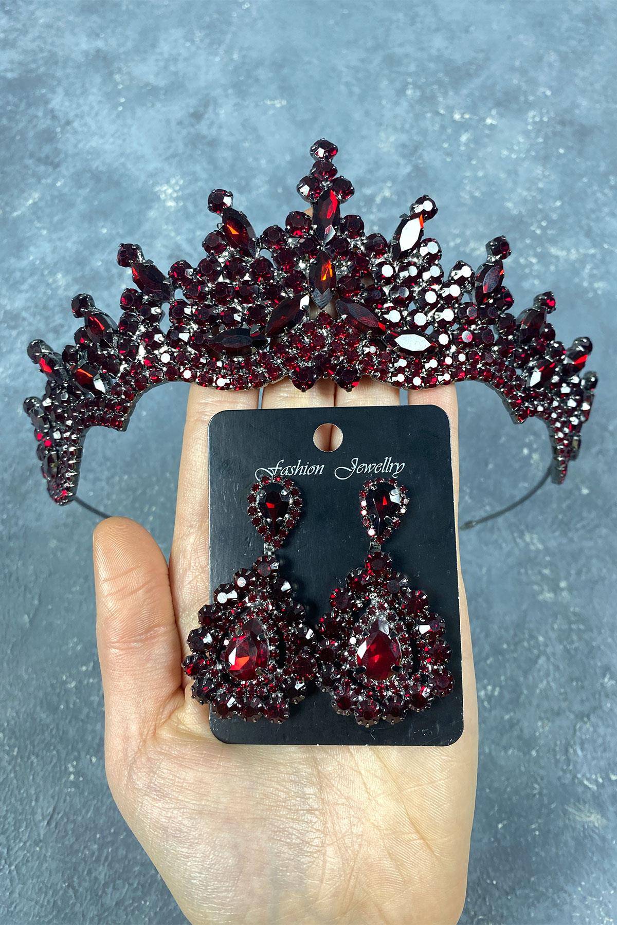 Burgundy Tokyo Stone Bridal Henna Tiara and Drop Earrings Set
