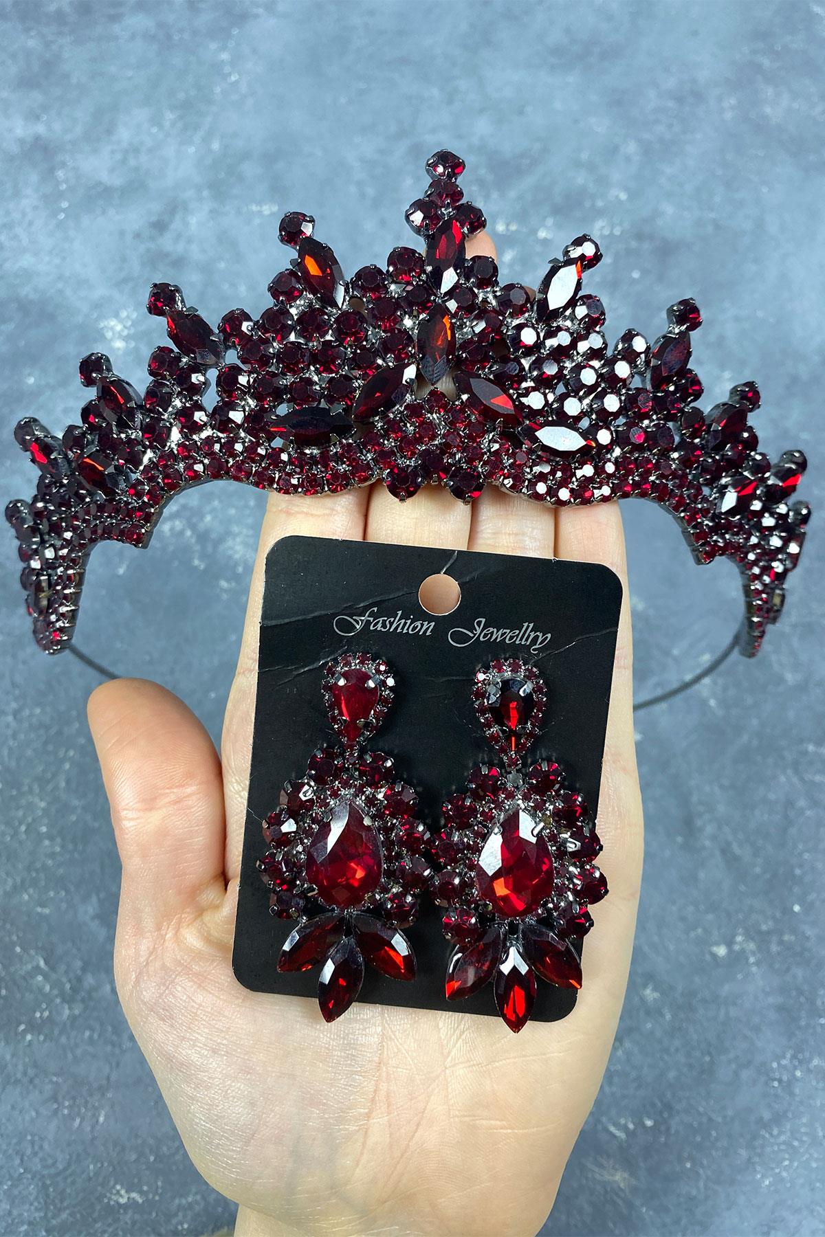 Burgundy Tokyo Stone Bridal Henna Tiara and Stud Earrings