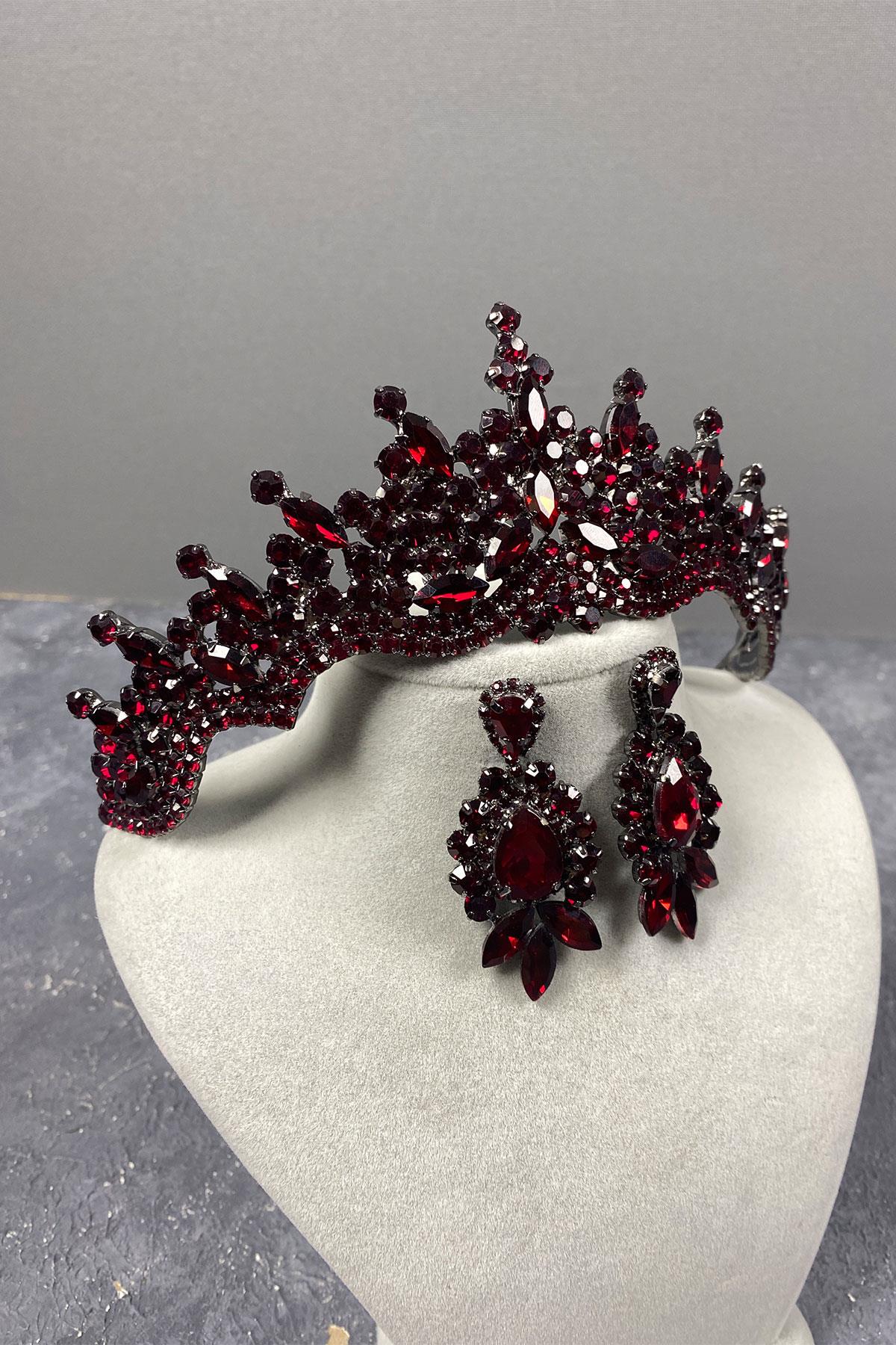 Burgundy Tokyo Stone Bridal Henna Tiara and Stud Earrings