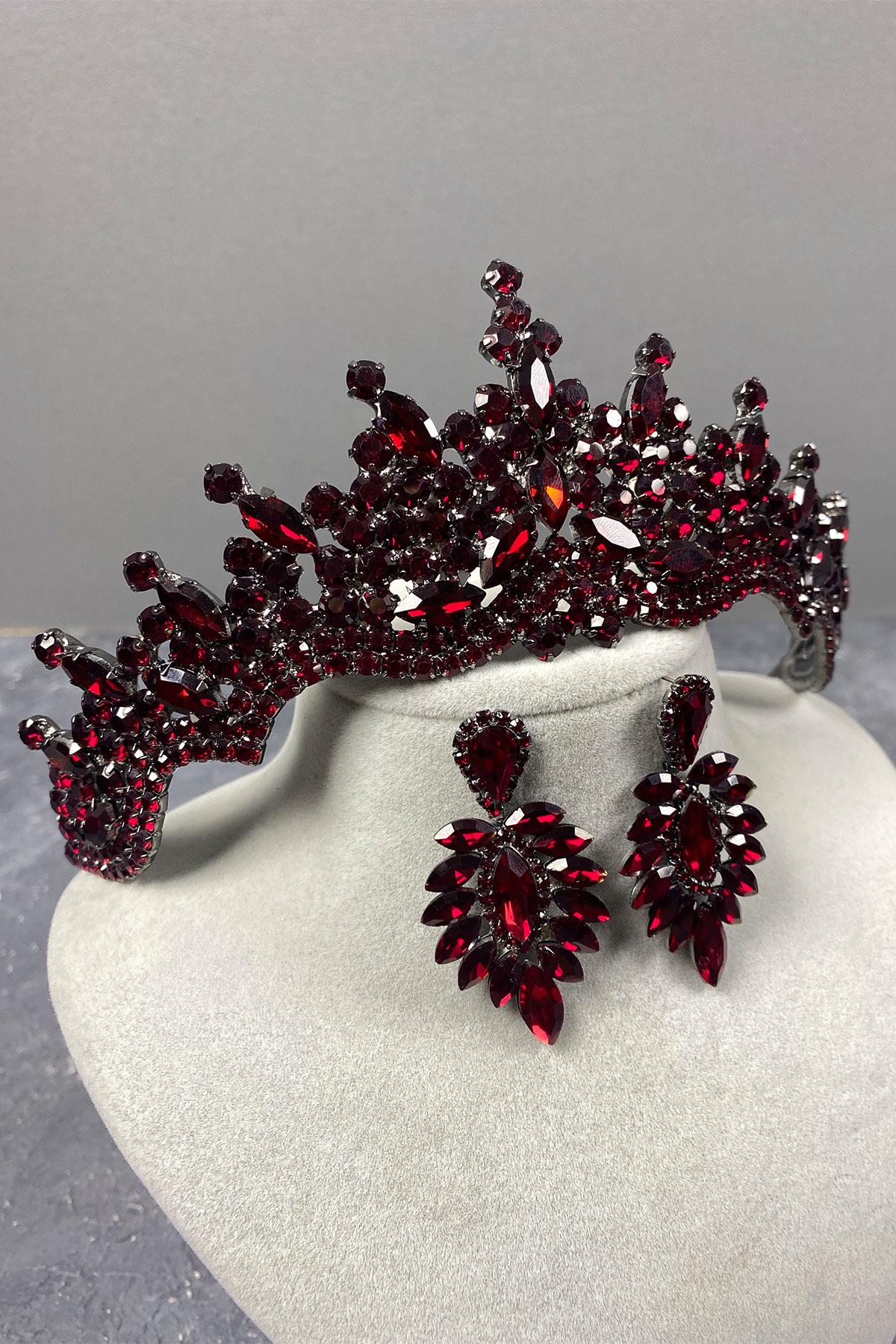 Burgundy Tokyo Stone Bridal Henna Tiara and Stud Earrings Set