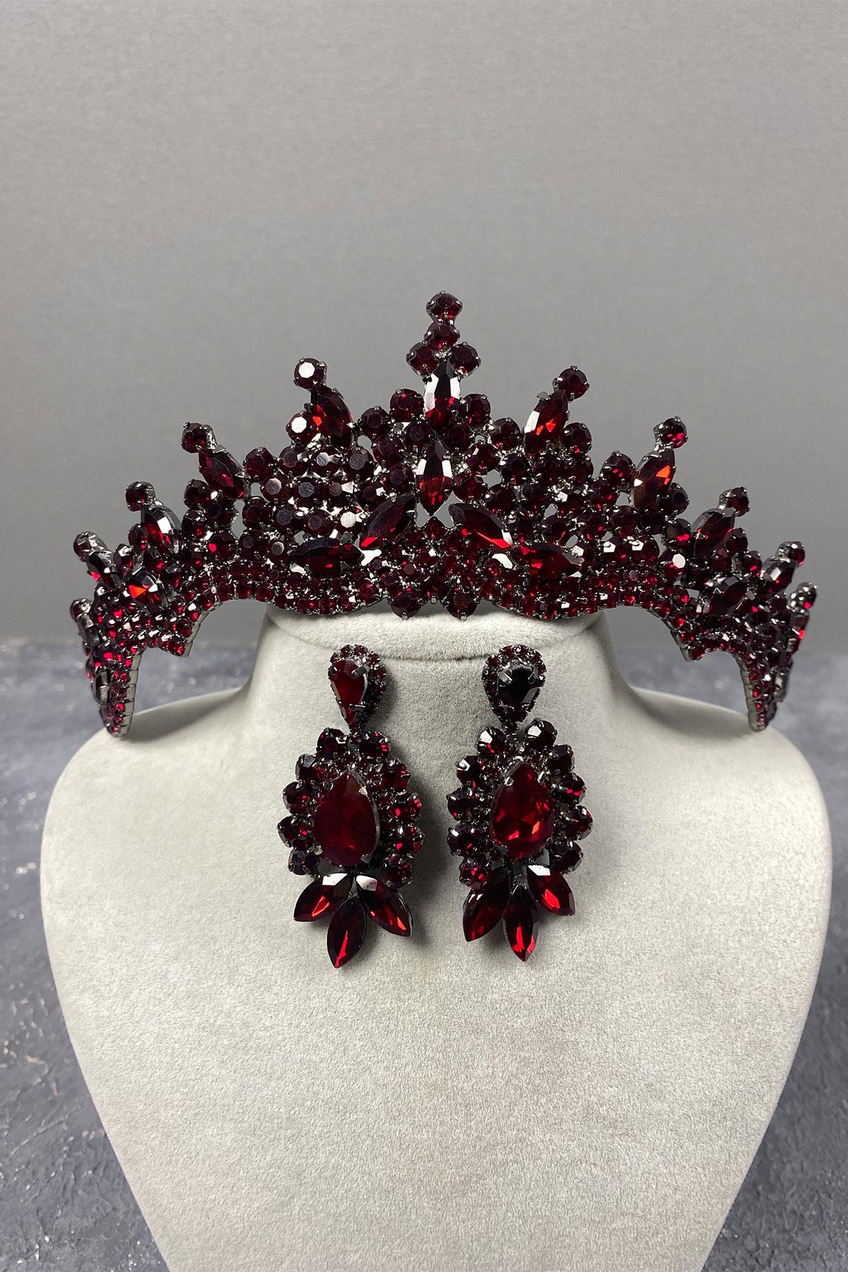 Burgundy Tokyo Stone Bridal Henna Tiara and Stud Earrings