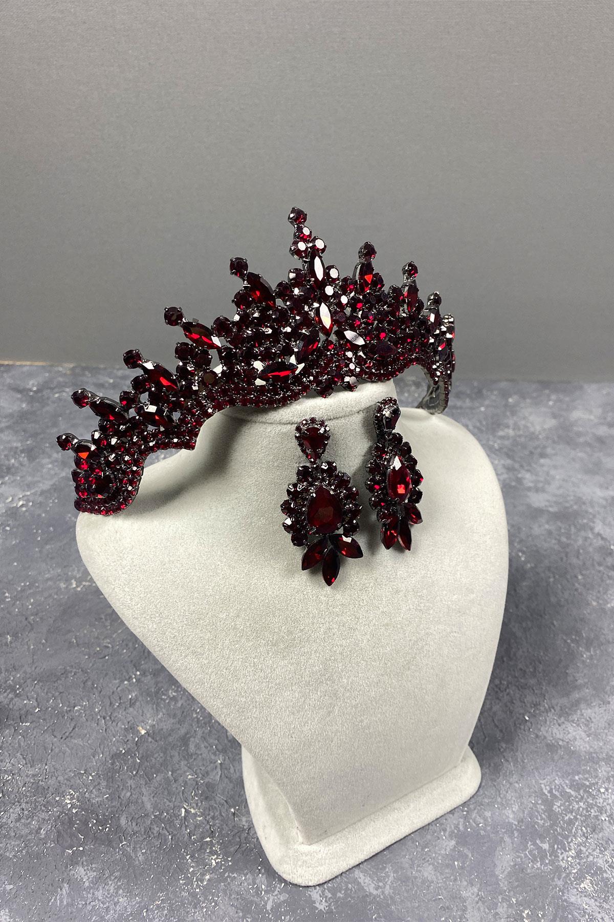 Burgundy Tokyo Stone Bridal Henna Tiara and Stud Earrings