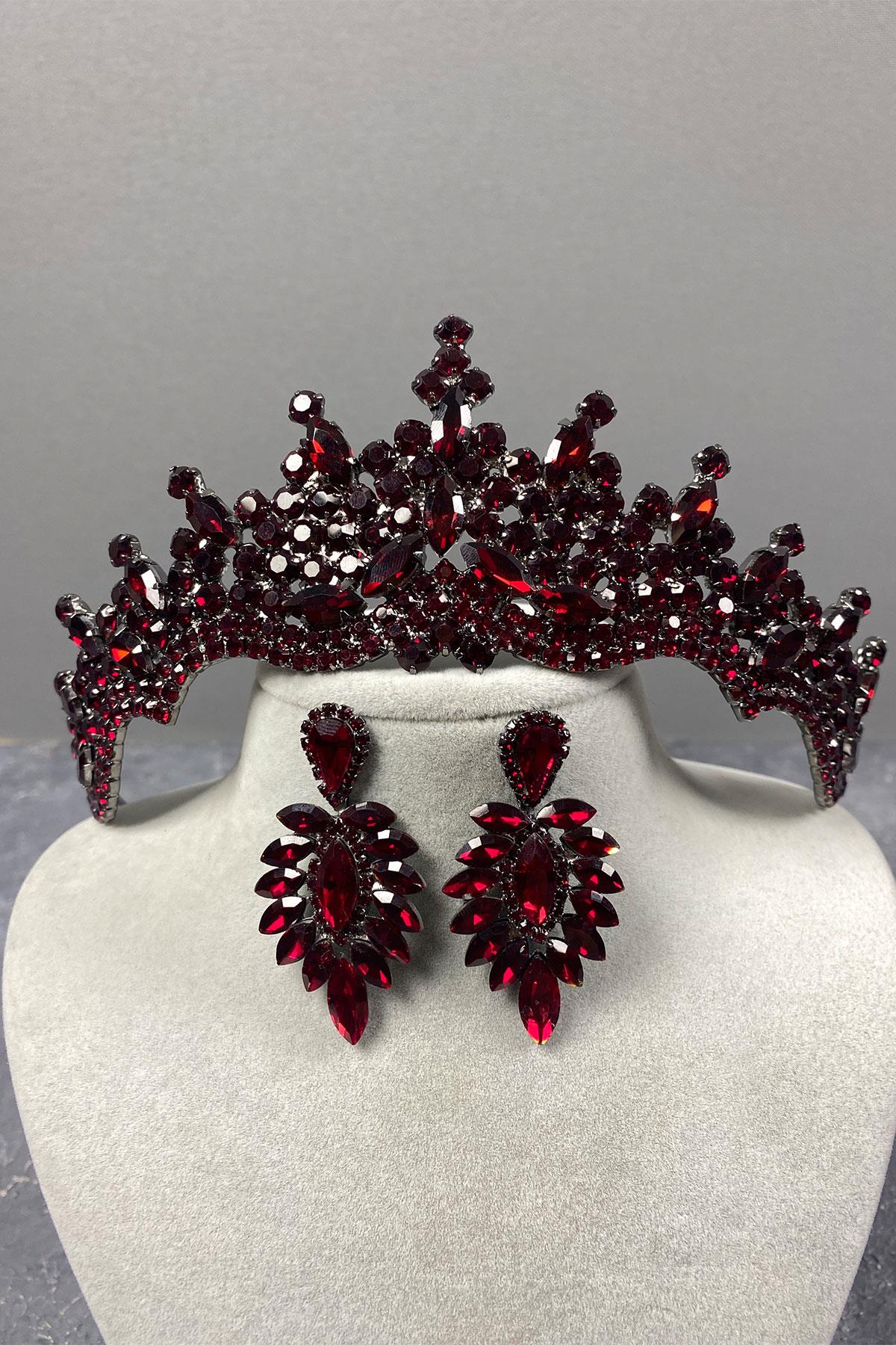 Burgundy Tokyo Stone Bridal Henna Tiara and Stud Earrings Set