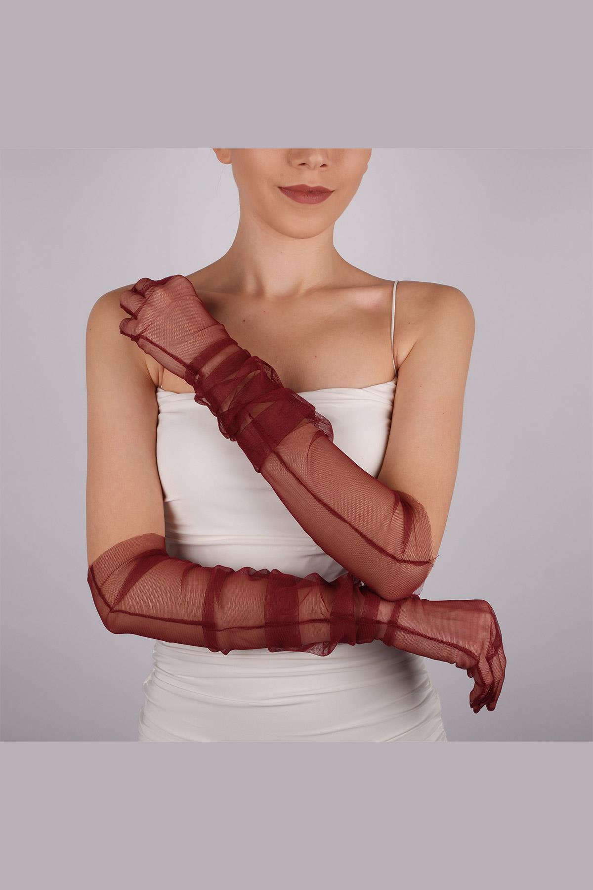 Toptan Bordo Uzun Şık Gelin Eldiveni Tül Eldiven Nikah/Düğün/Parti/Kostüm Eldiveni