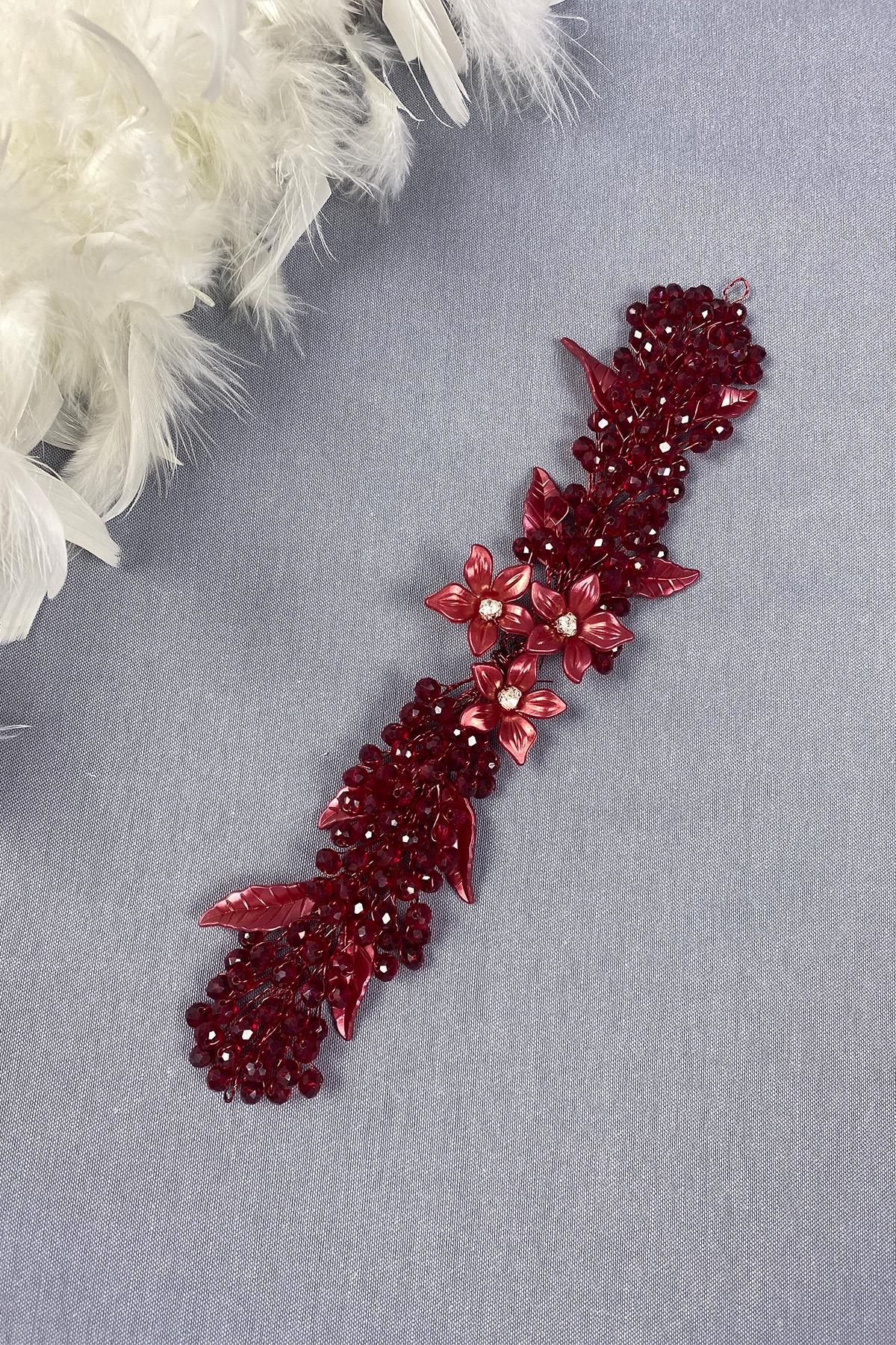 Bordo Yaprak ve Kristal Boncuklu Gelin Saç ve Türban Aksesuarı