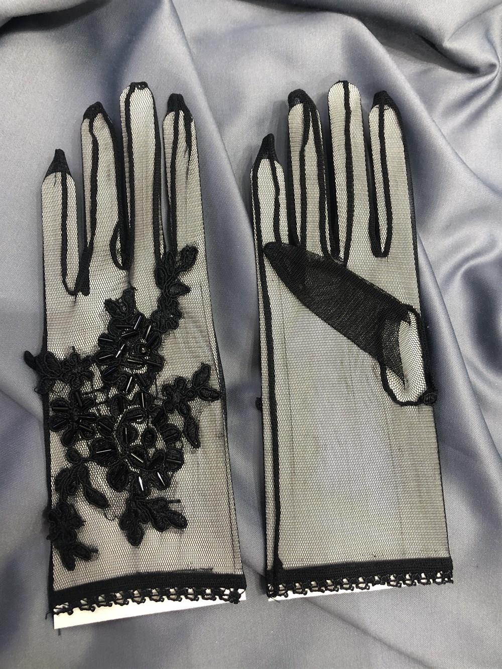 Wholesale Floral Patterned Black Beaded Gloves